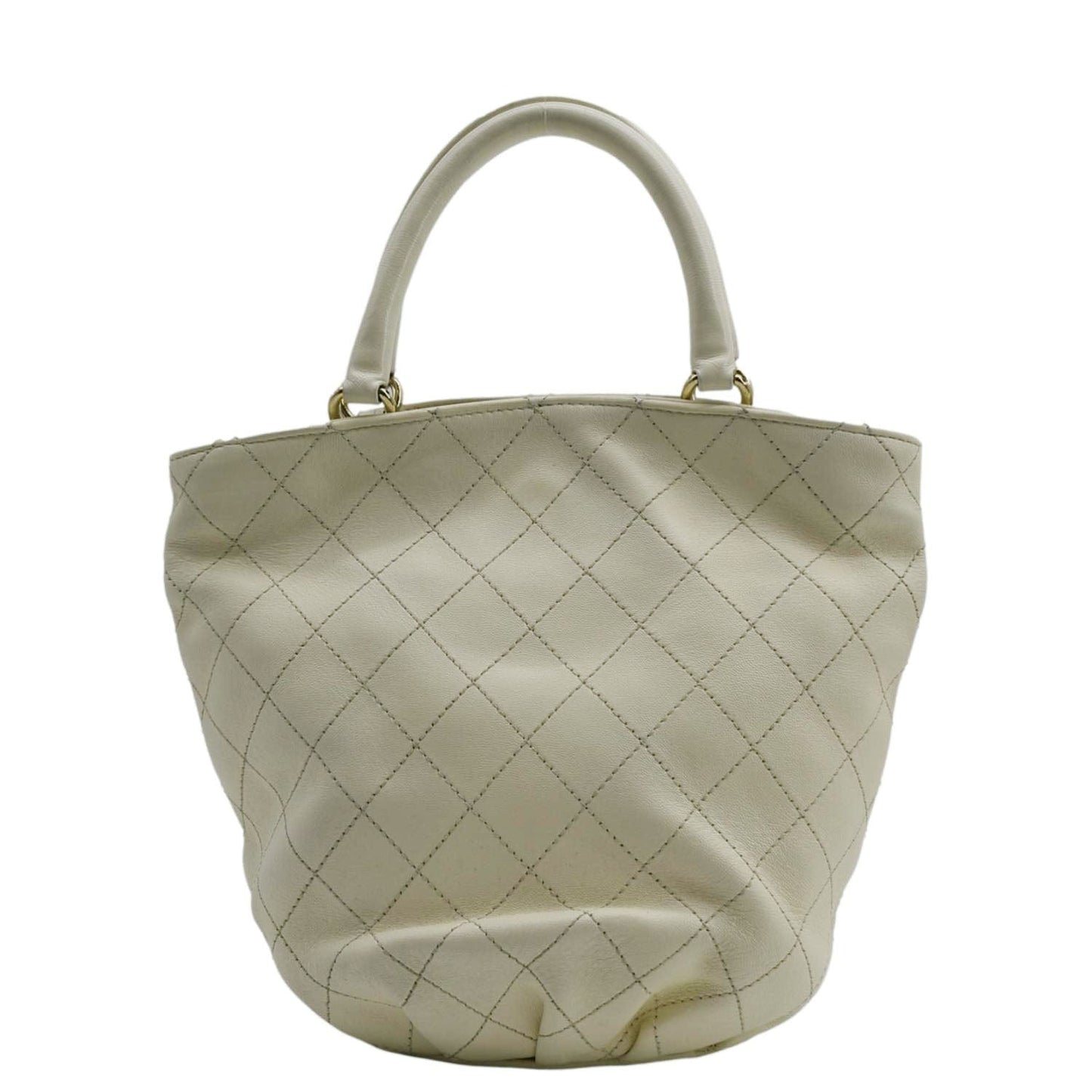 Chanel CC Lock Bucket Stitched Off Leather White Travel Bag