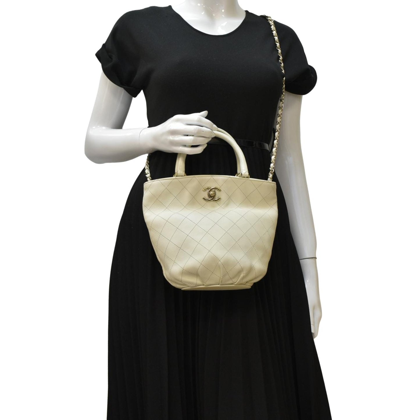 Chanel CC Lock Bucket Stitched Off Leather White Travel Bag