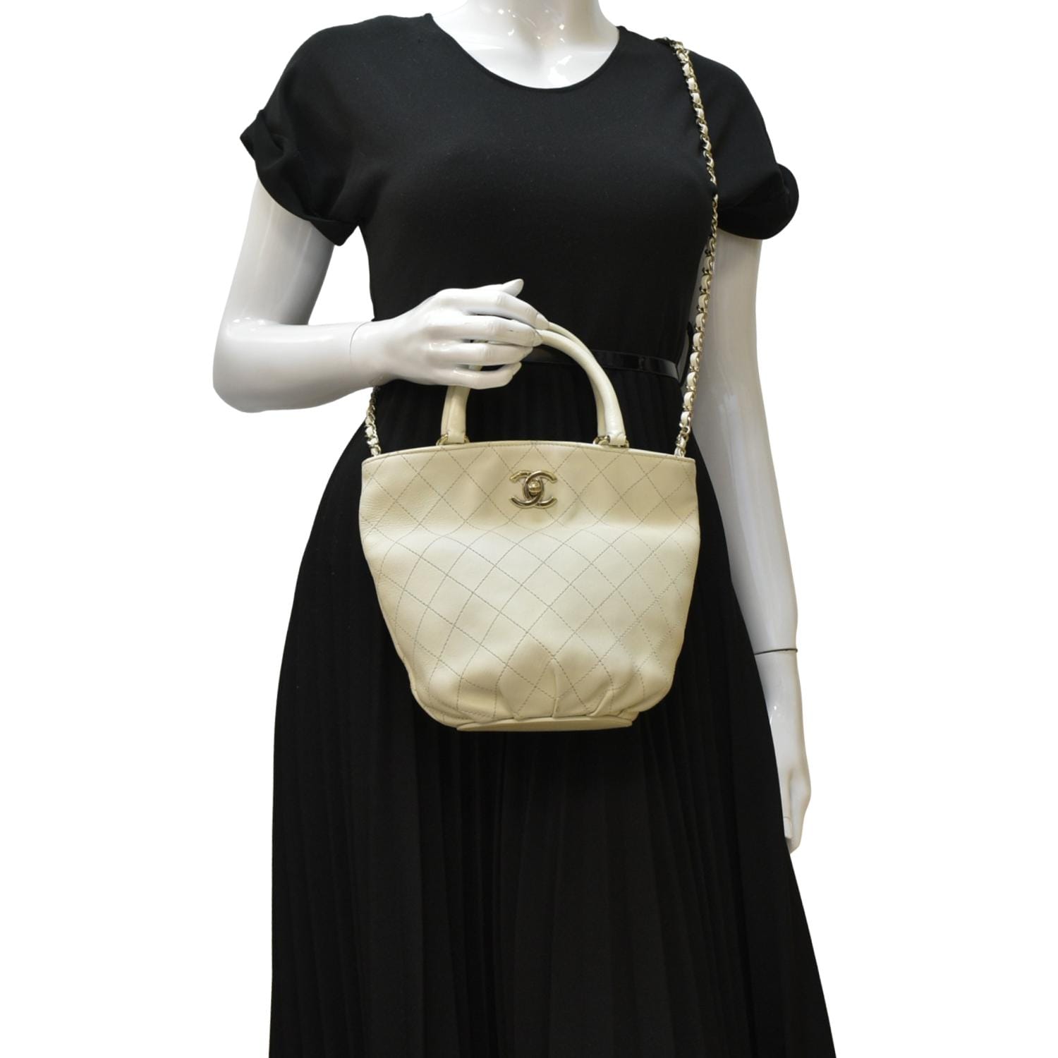 Chanel CC Lock Bucket Stitched Off Leather White Travel Bag