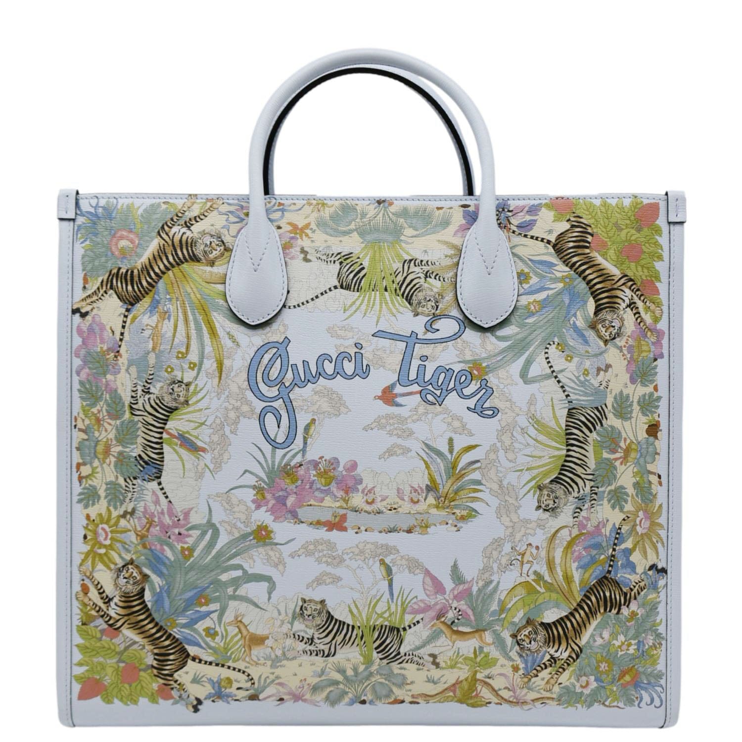 Gucci Tiger Tote Shoulder Bag Light Leather Blue