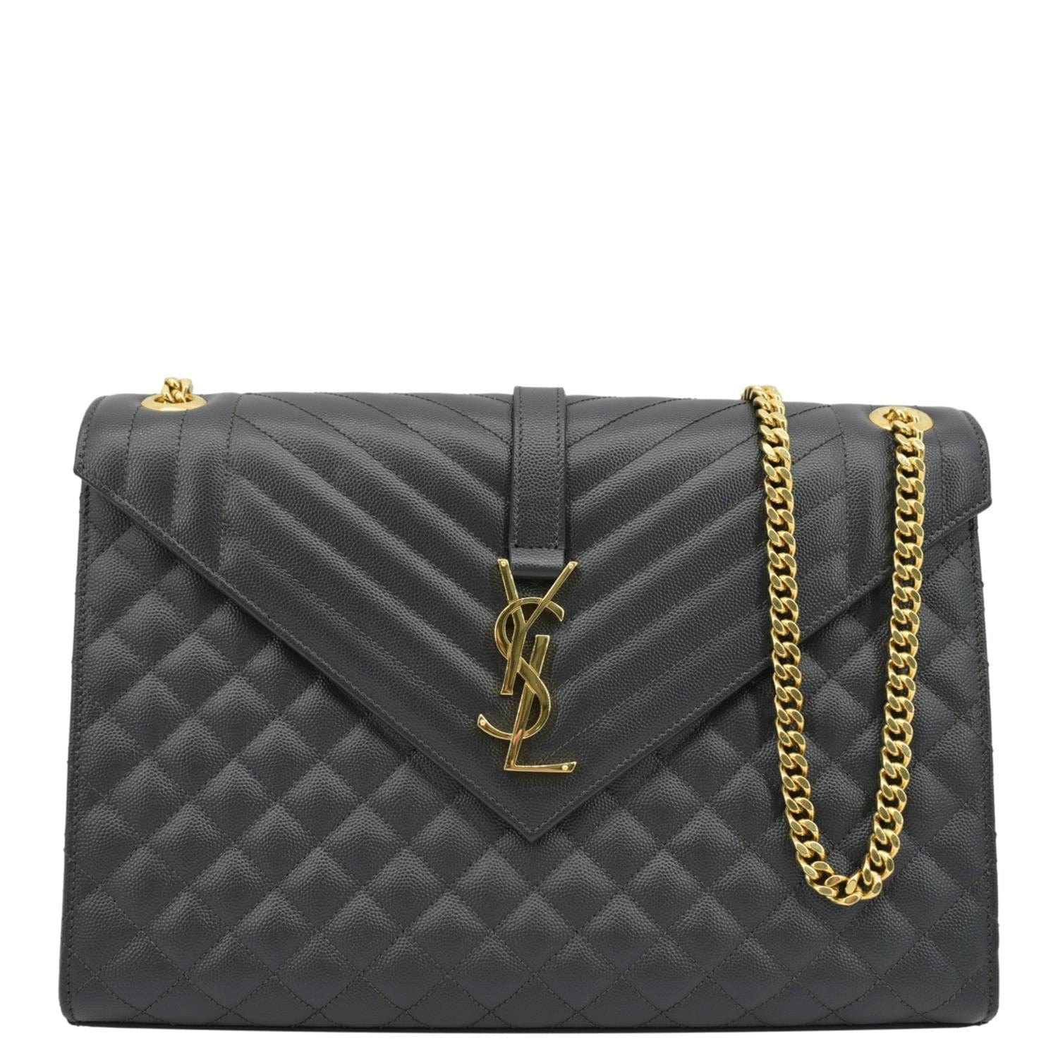 YSL Saint Laurent Yves Envelope Chevron Shoulder Bag Dark Grey Leather Gray Large