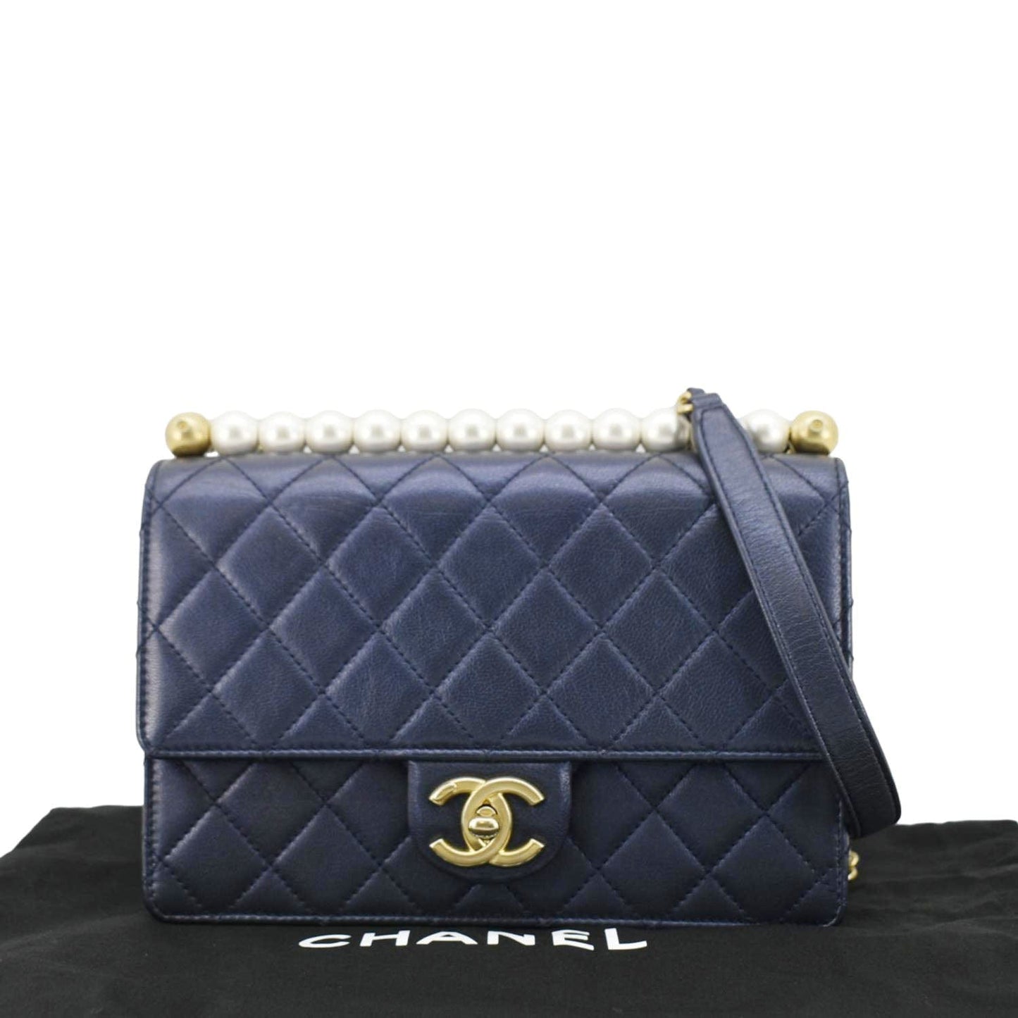 Chanel Chic Pearls Flap Quilted Navy Leather Blue Travel Bag