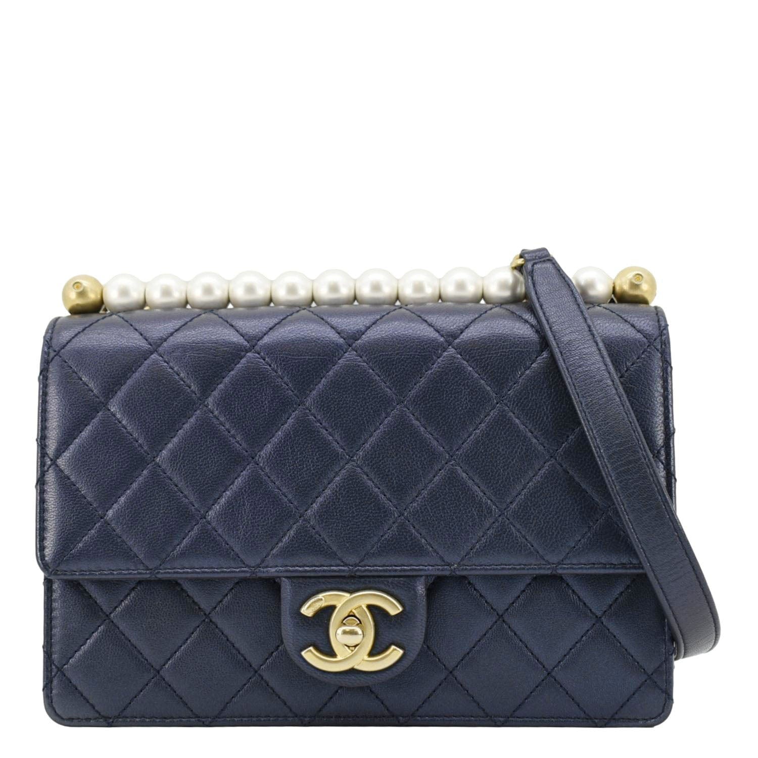 Chanel Chic Pearls Flap Quilted Navy Leather Blue Travel Bag