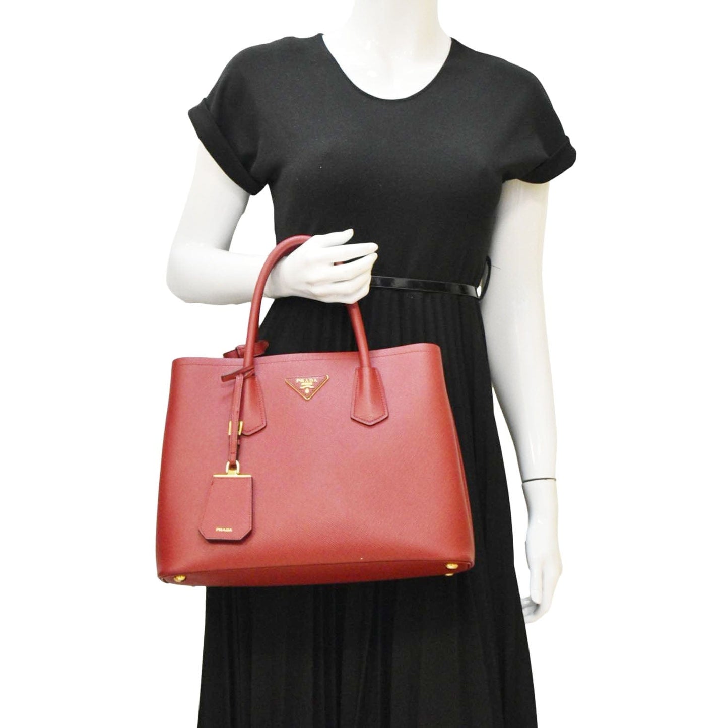 Double Handle Saffiano Tote Shoulder Bag Leather Red