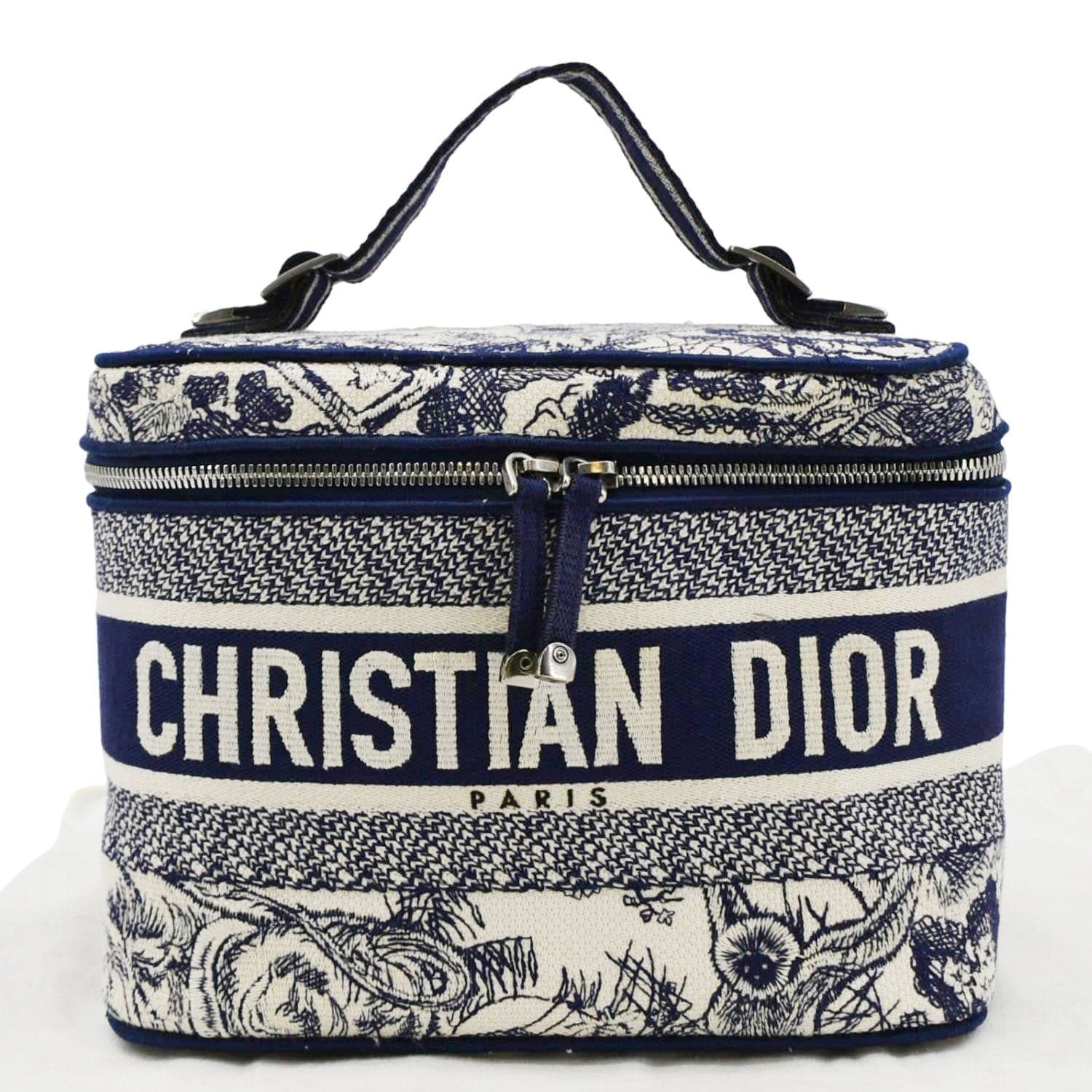 Dior Travel Oblique Embroidery Vanity Case Handbag Canvas Blue Travel Bag