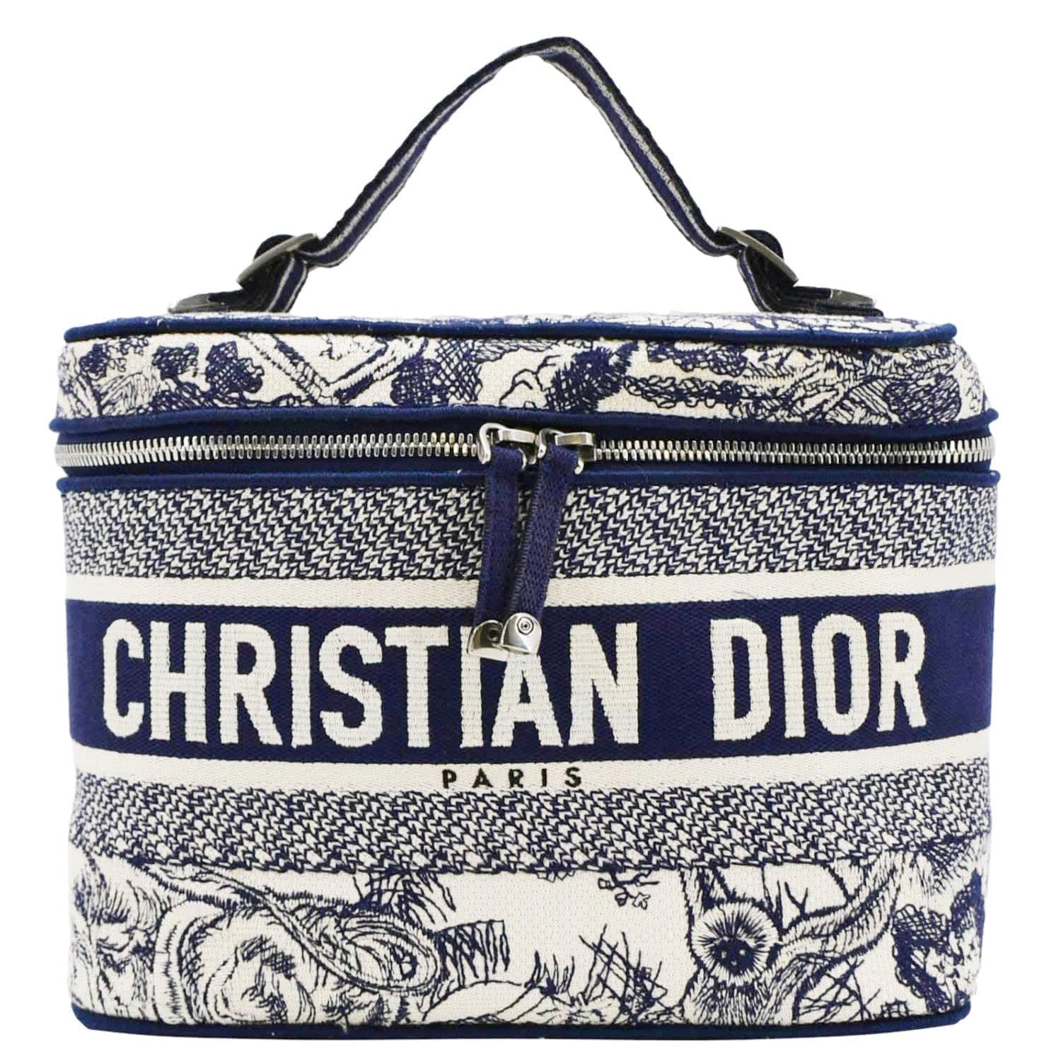 Dior Travel Oblique Embroidery Vanity Case Travel Bag Canvas Blue