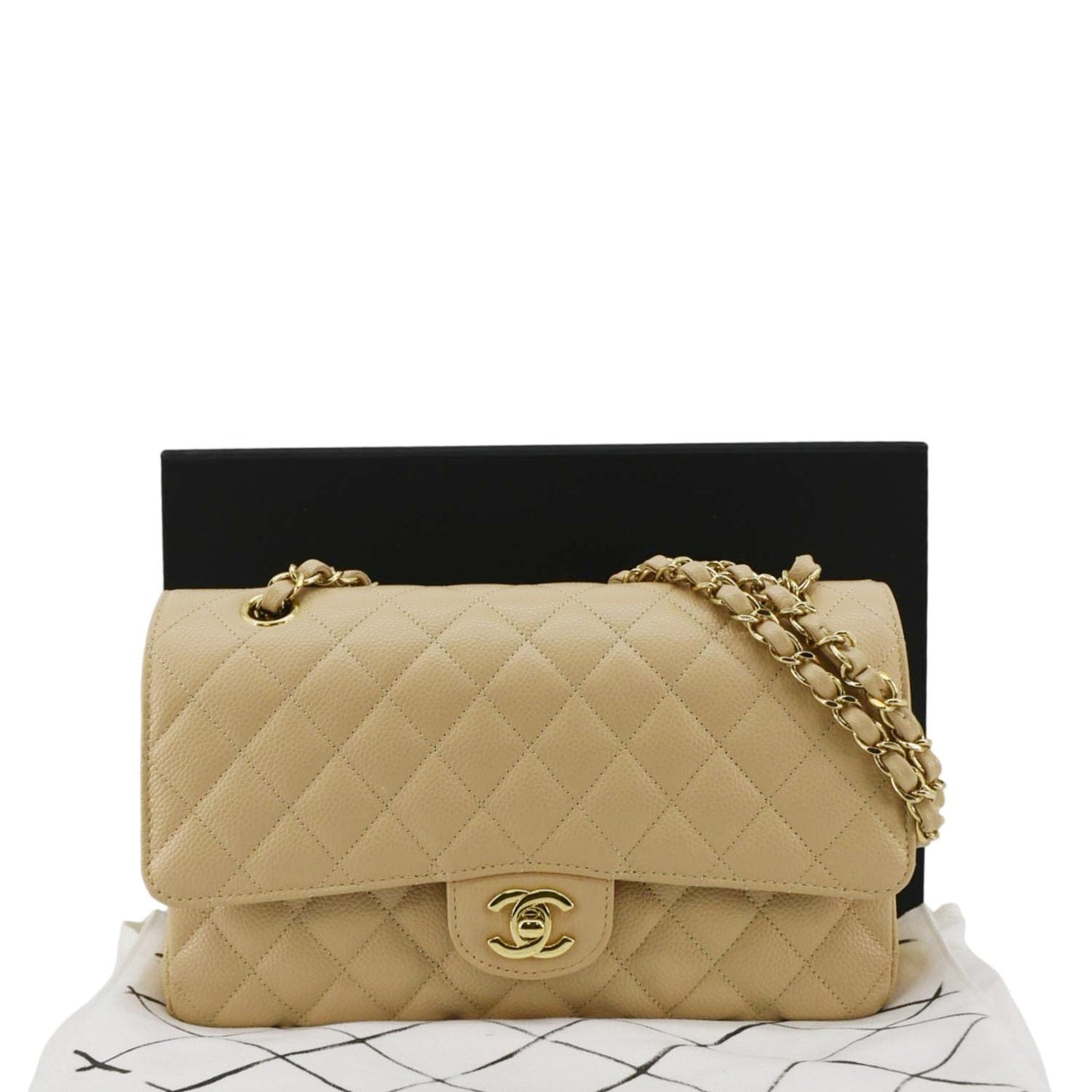 Chanel Double Flap Quilted Caviar Cream Leather Travel Bag
