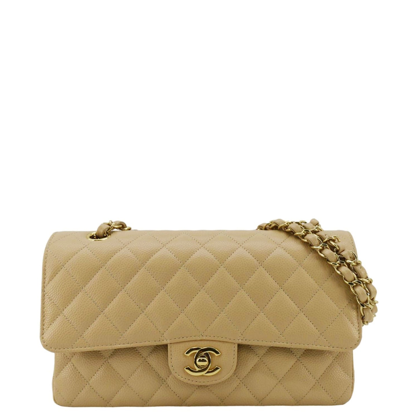 Chanel Double Flap Quilted Caviar Cream Leather Travel Bag