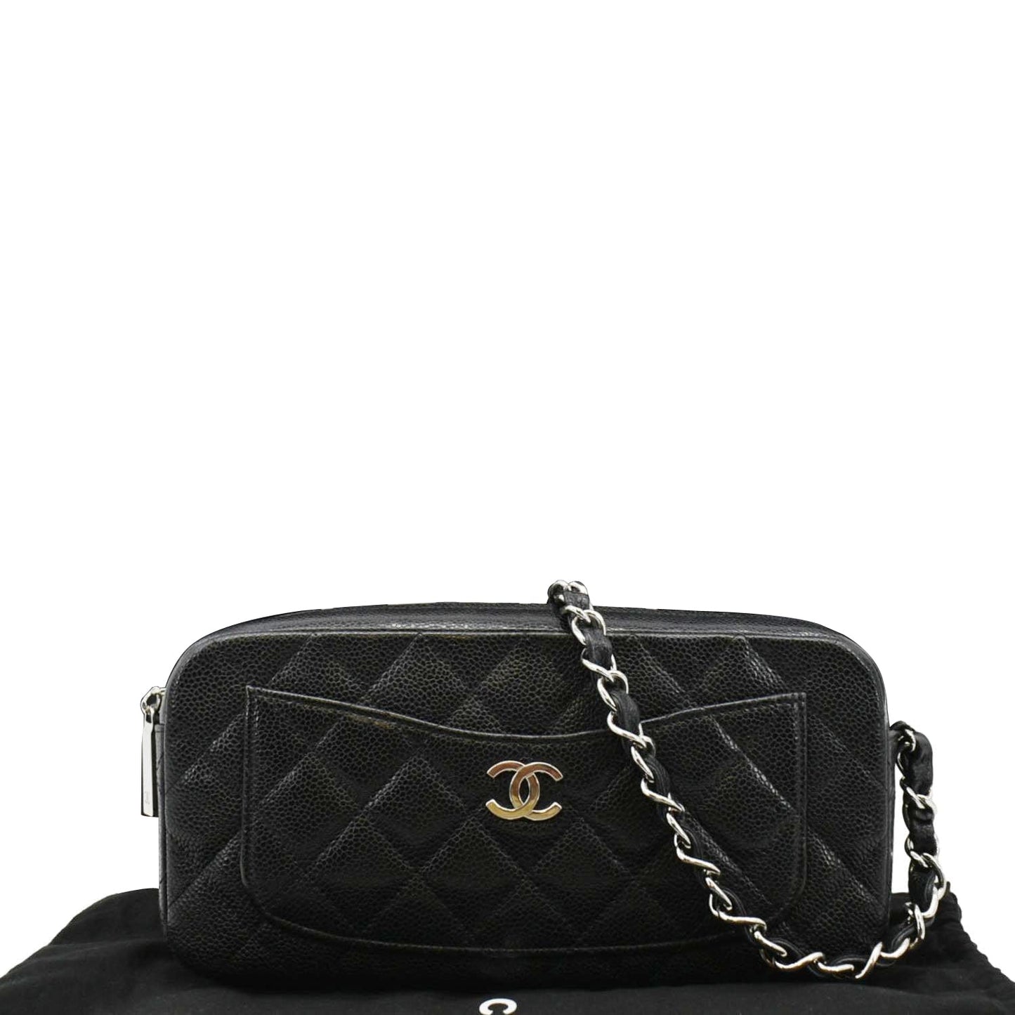 Chanel Front Pocket Quilted Caviar Leather Chain Shoulder Bag Black