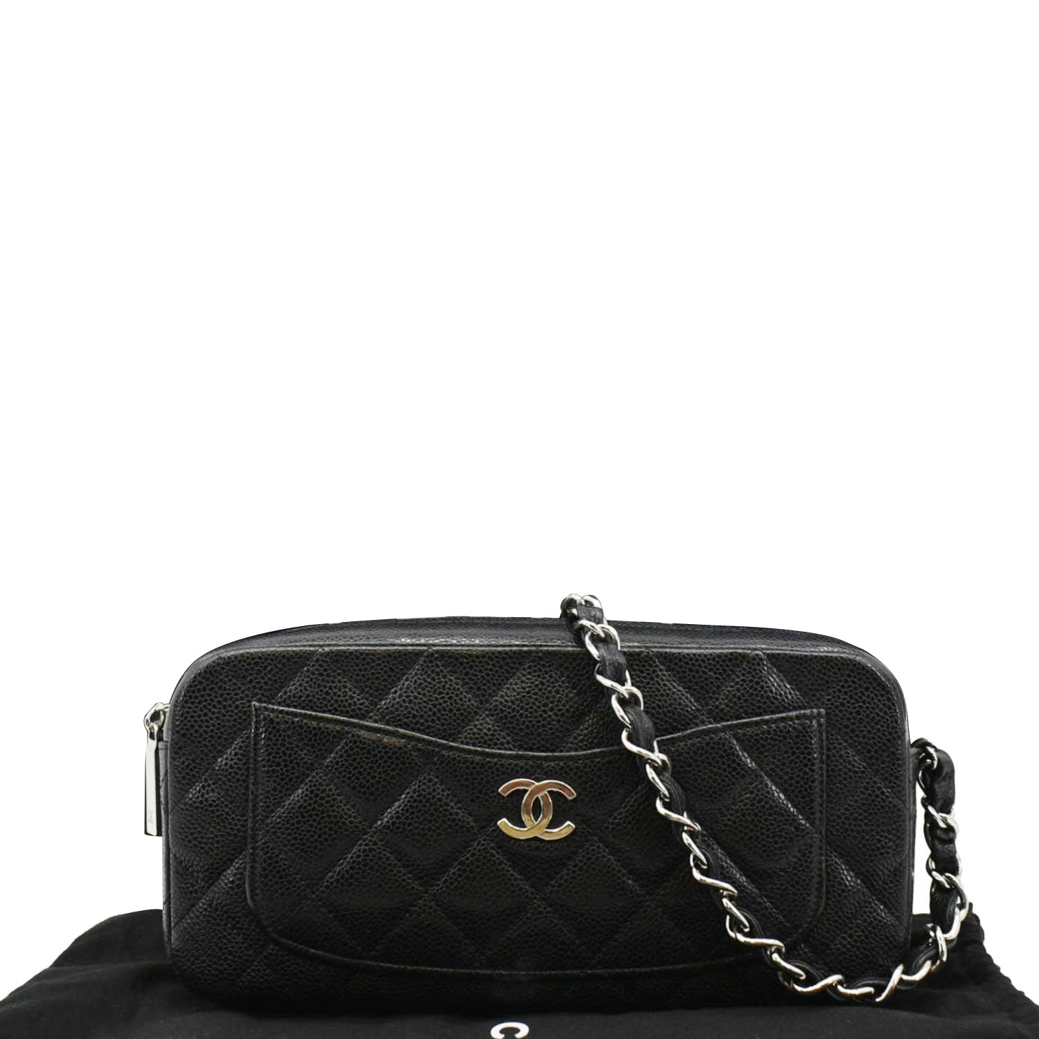Chanel Front Pocket Quilted Caviar Leather Black Travel Bag Bag Black