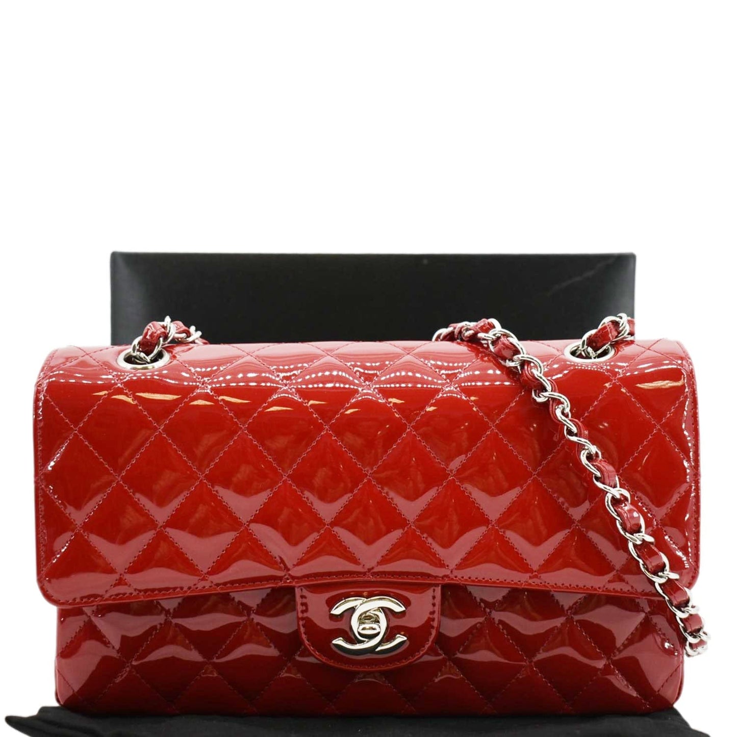 Chanel Classic Double Flap Quilted Patent Leather Red Travel Bag