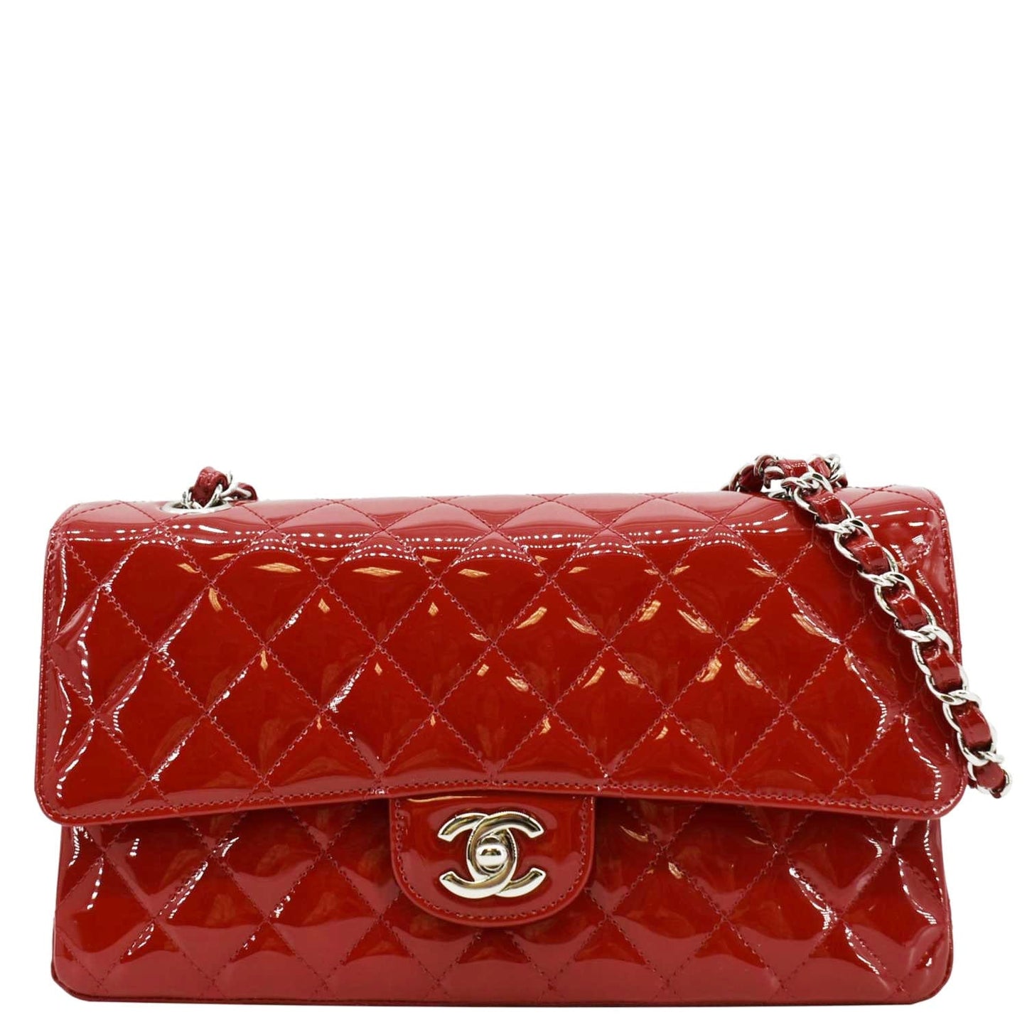 Chanel Classic Double Flap Quilted Patent Leather Red Travel Bag