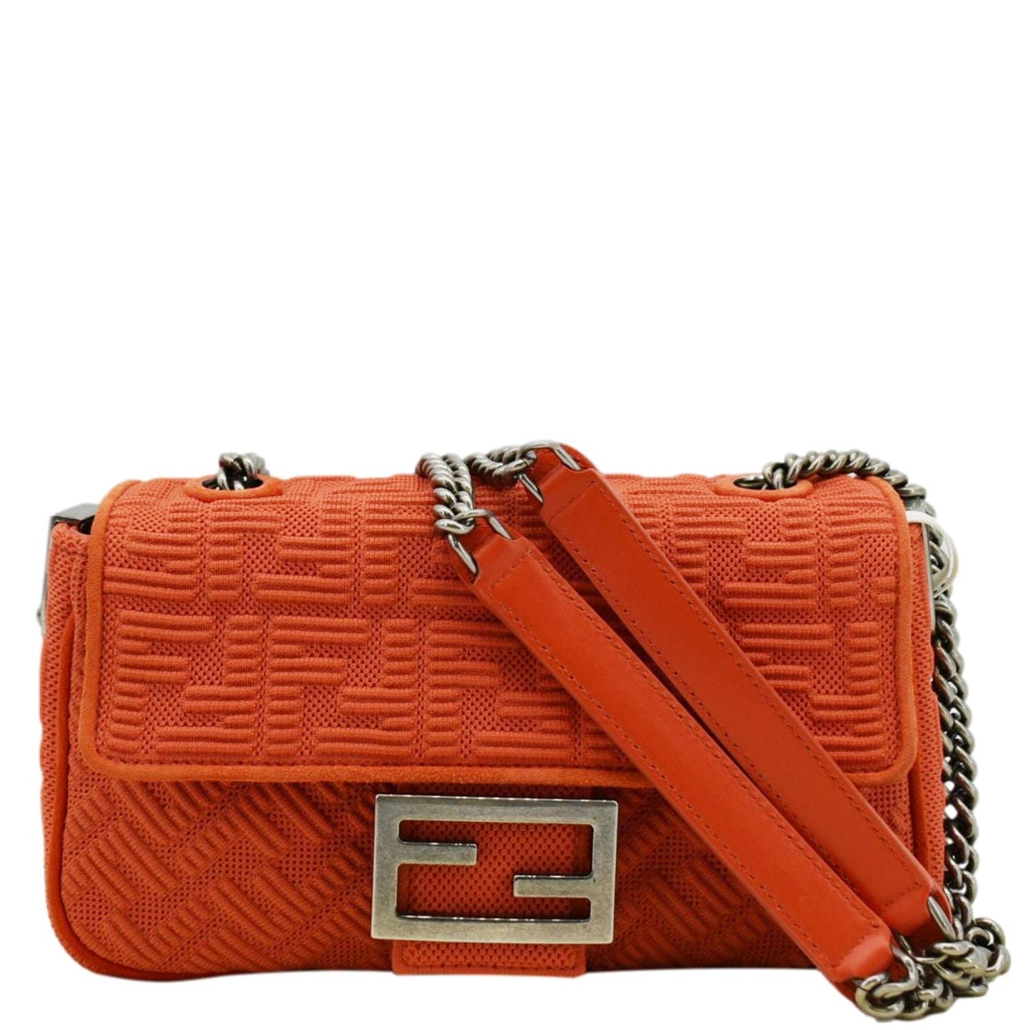 Fendi Baguette Technical Fabric Ff Midi Shoulder Bag Orange Chain