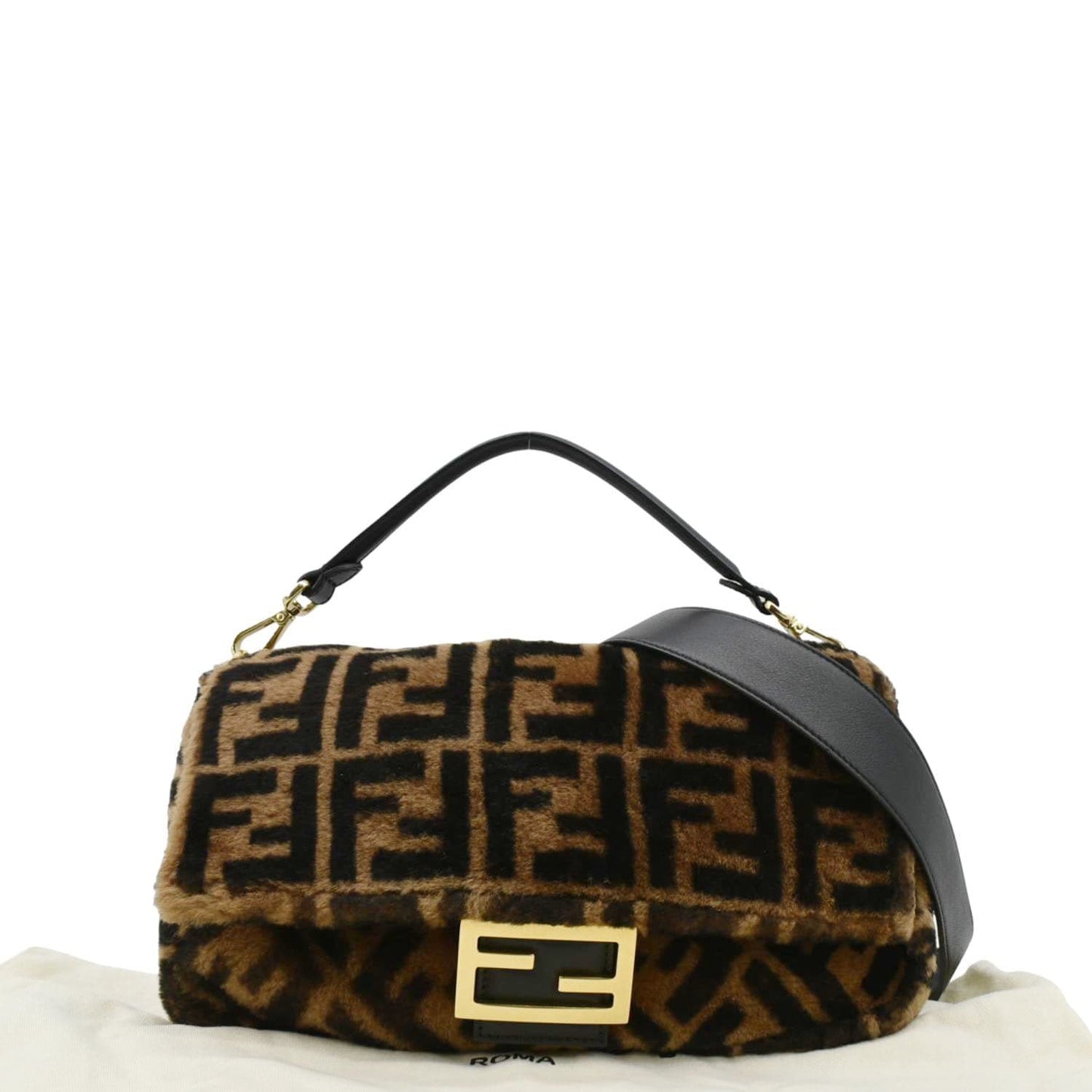 Fendi Baguette Ff Shearling Sheepskin Shoulder Bag Brown Medium