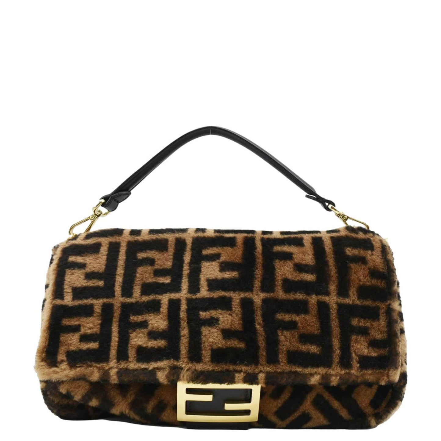 Fendi Baguette Ff Shearling Sheepskin Shoulder Bag Brown Medium