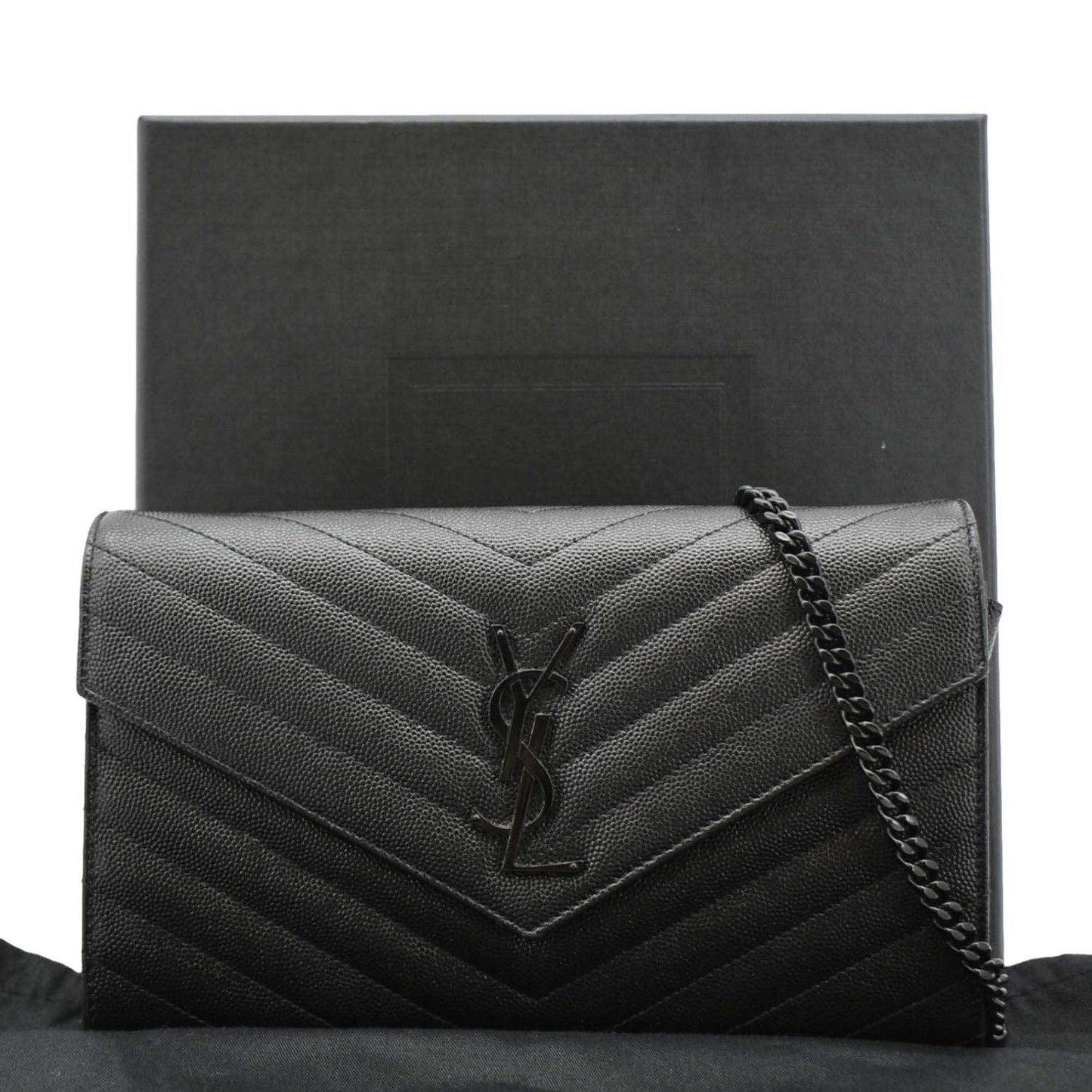 YSL Saint Laurent Yves Cassandre Envelope Grain De Poudre Crossbody Bag Leather Black Chain