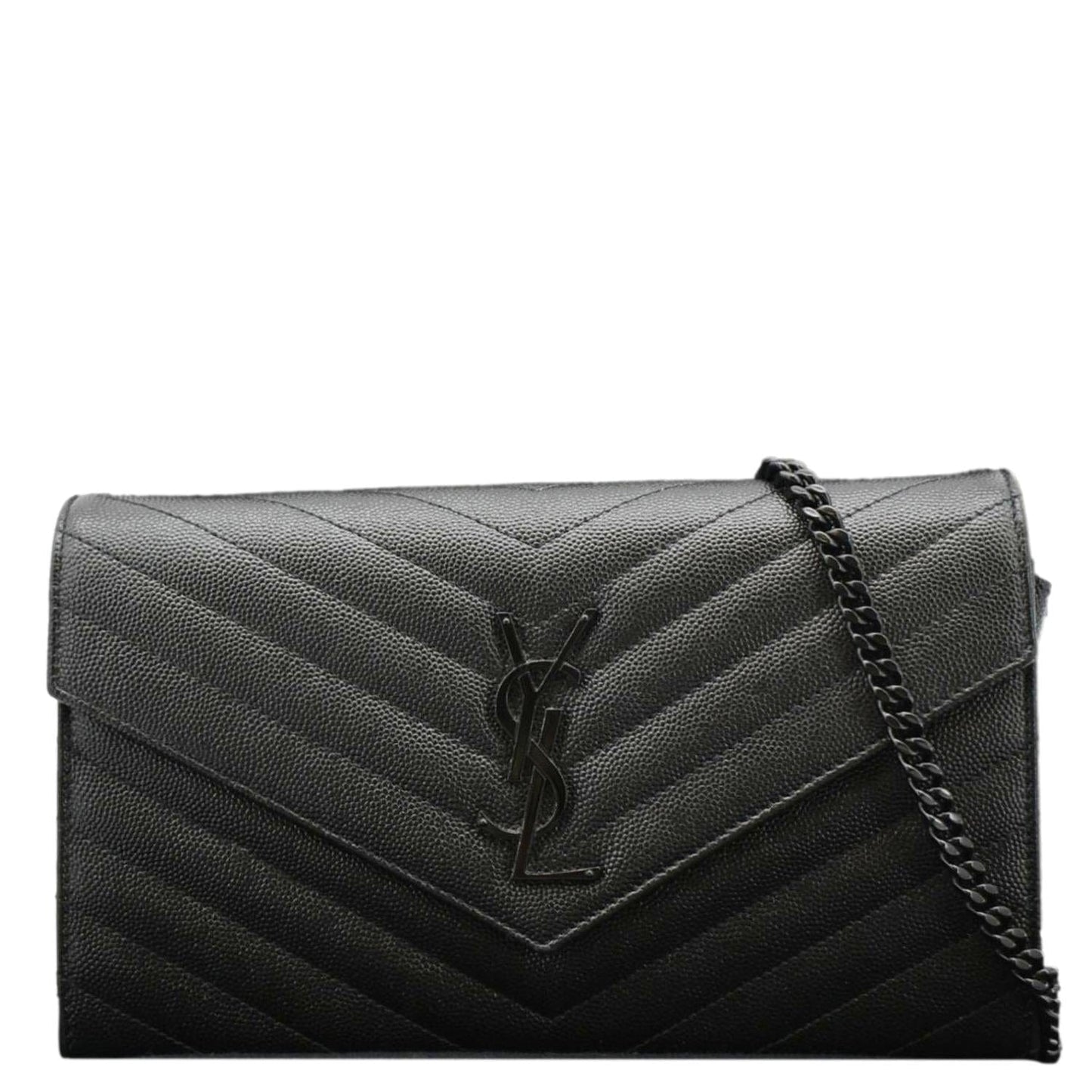 YSL Saint Laurent Yves Cassandre Envelope Grain De Poudre Crossbody Bag Leather Black Chain