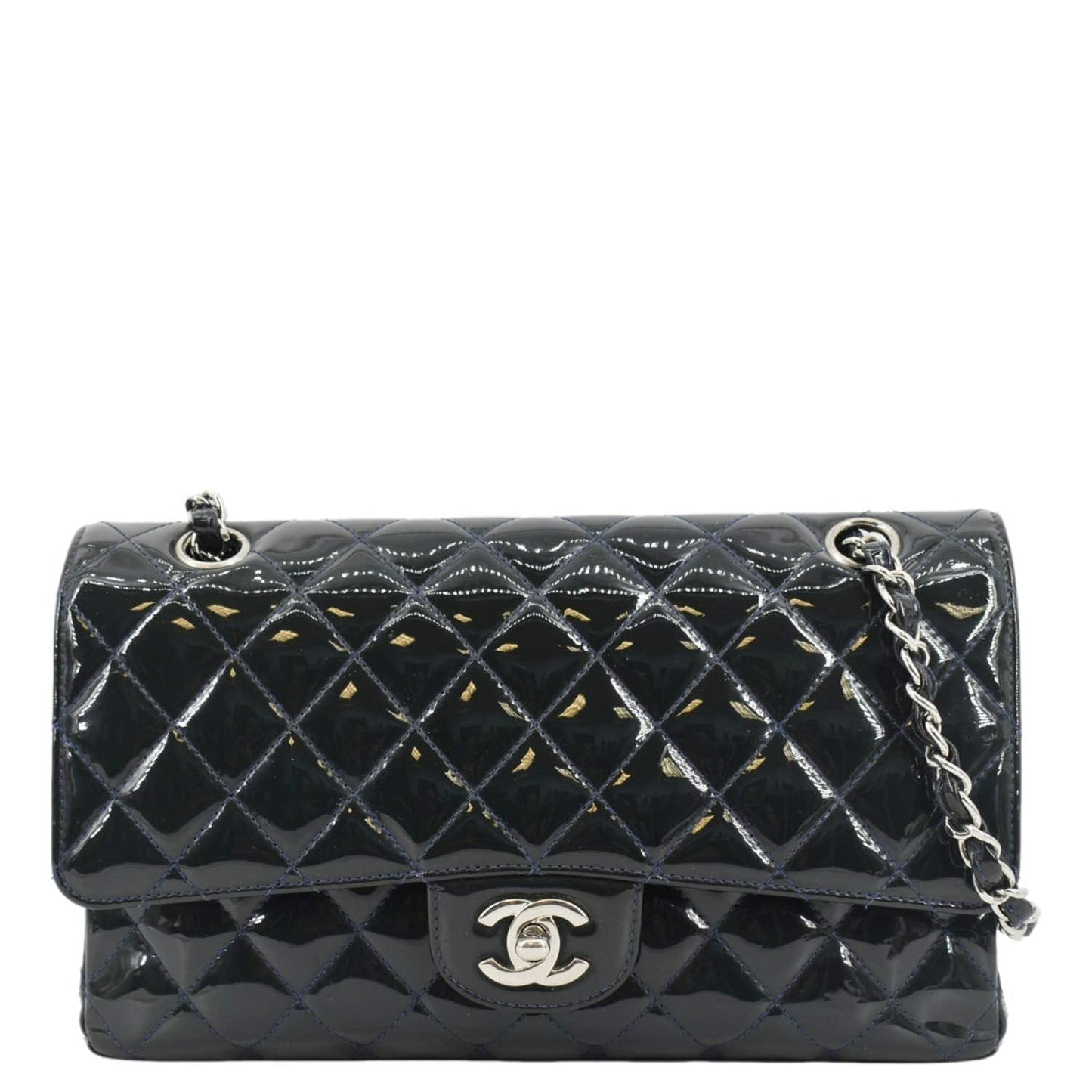 Chanel Double Flap Quilted Patent Olive Leather Black Travel Bag