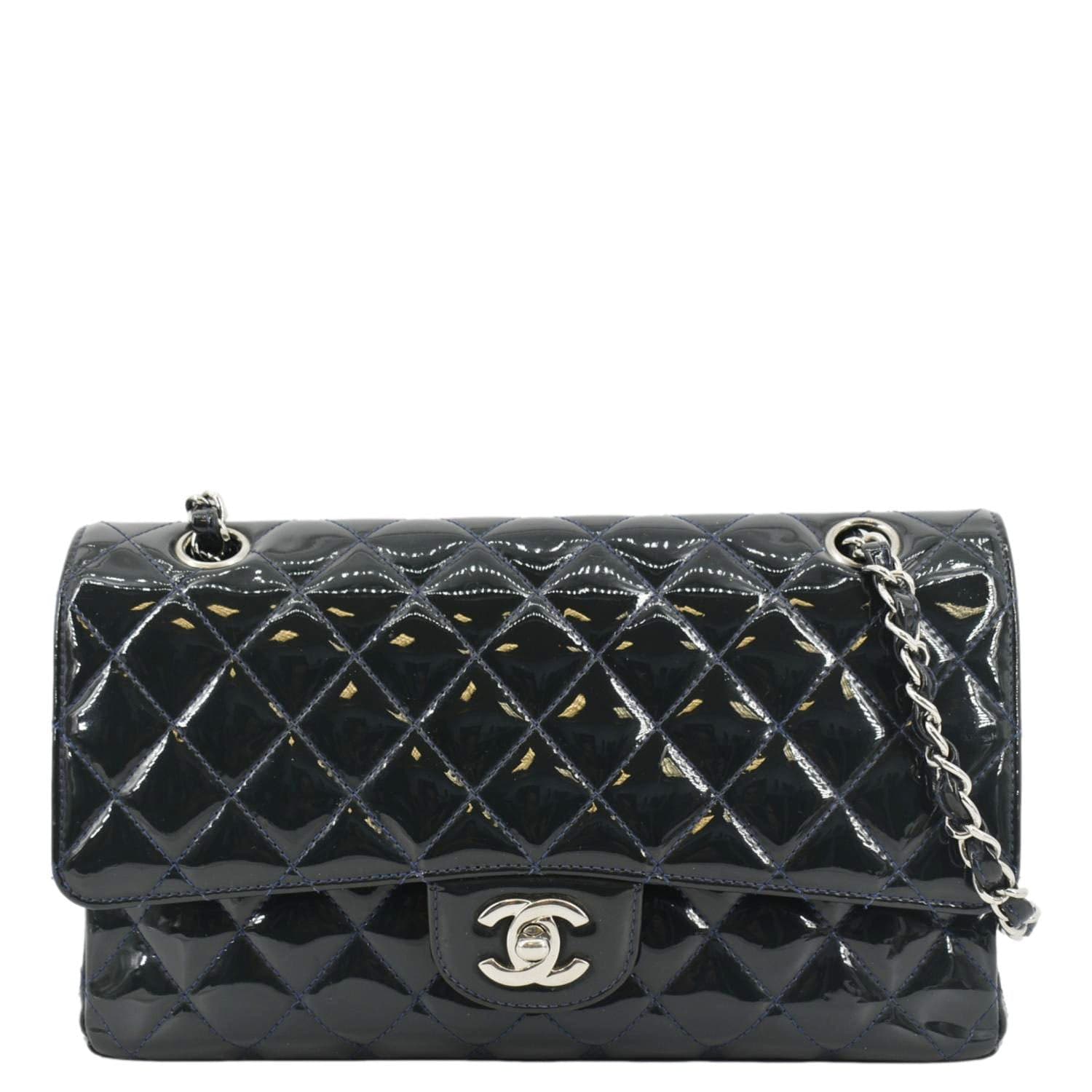 Chanel Double Flap Quilted Patent Olive Leather Black Travel Bag