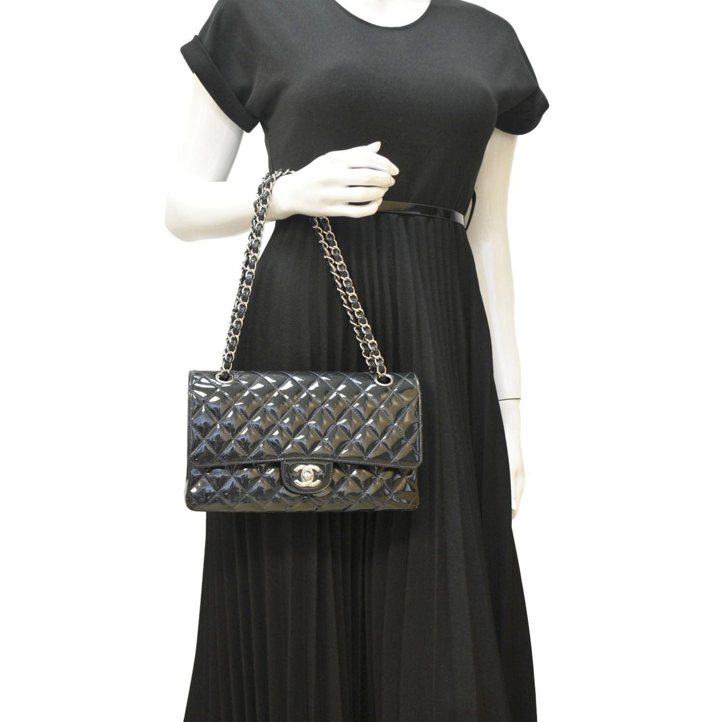 Chanel Double Flap Quilted Patent Olive Leather Black Travel Bag