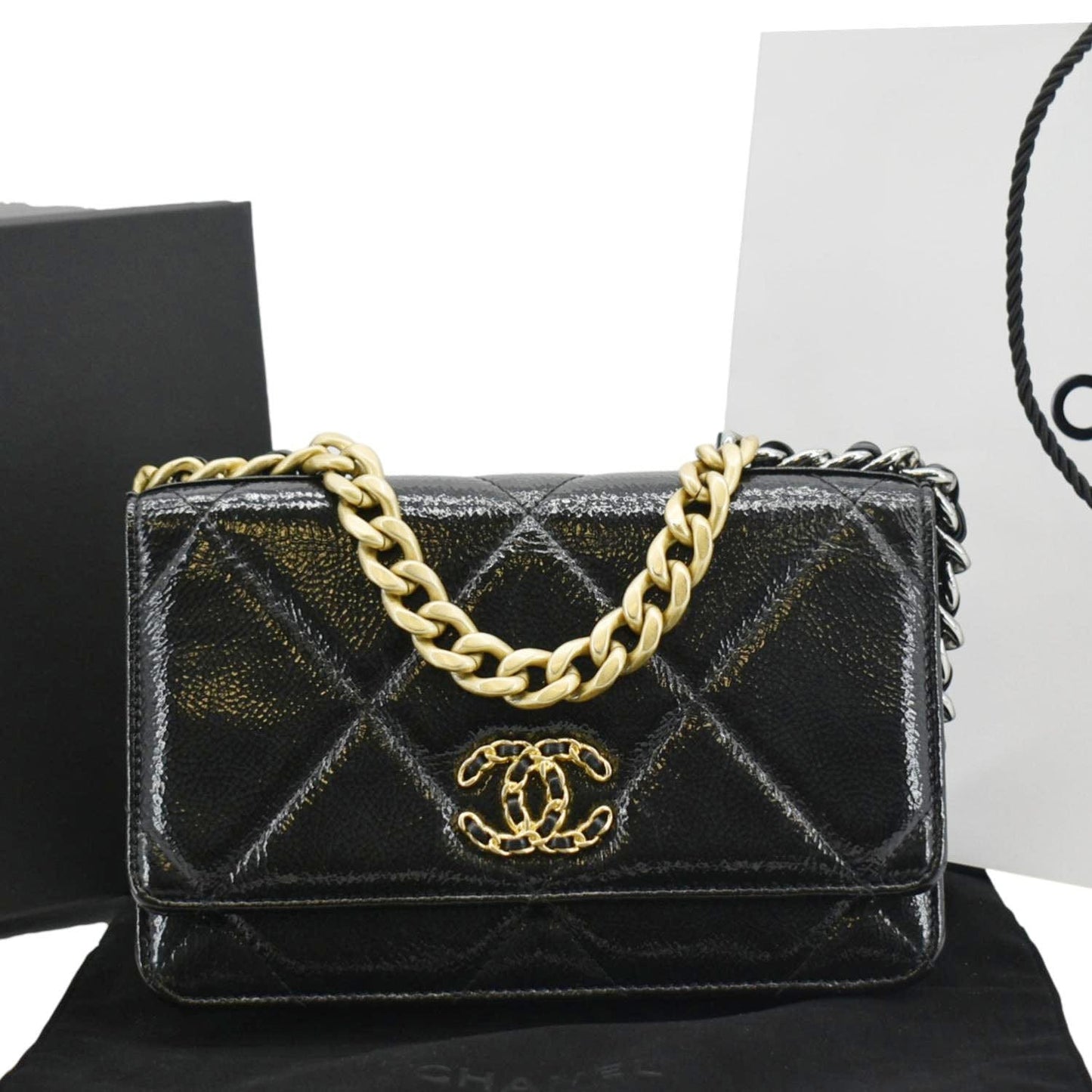 Chanel 19 CC WOC Quilted Shiny Leather Black Wallet Case