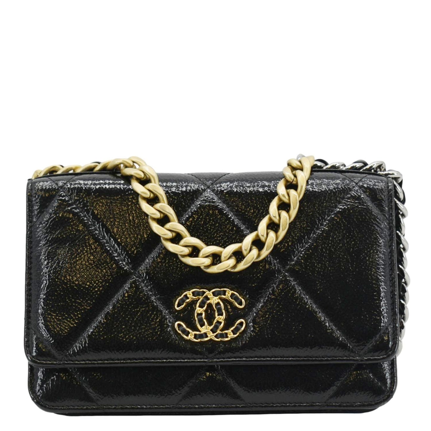 Chanel 19 CC WOC Quilted Shiny Leather Black Wallet Case
