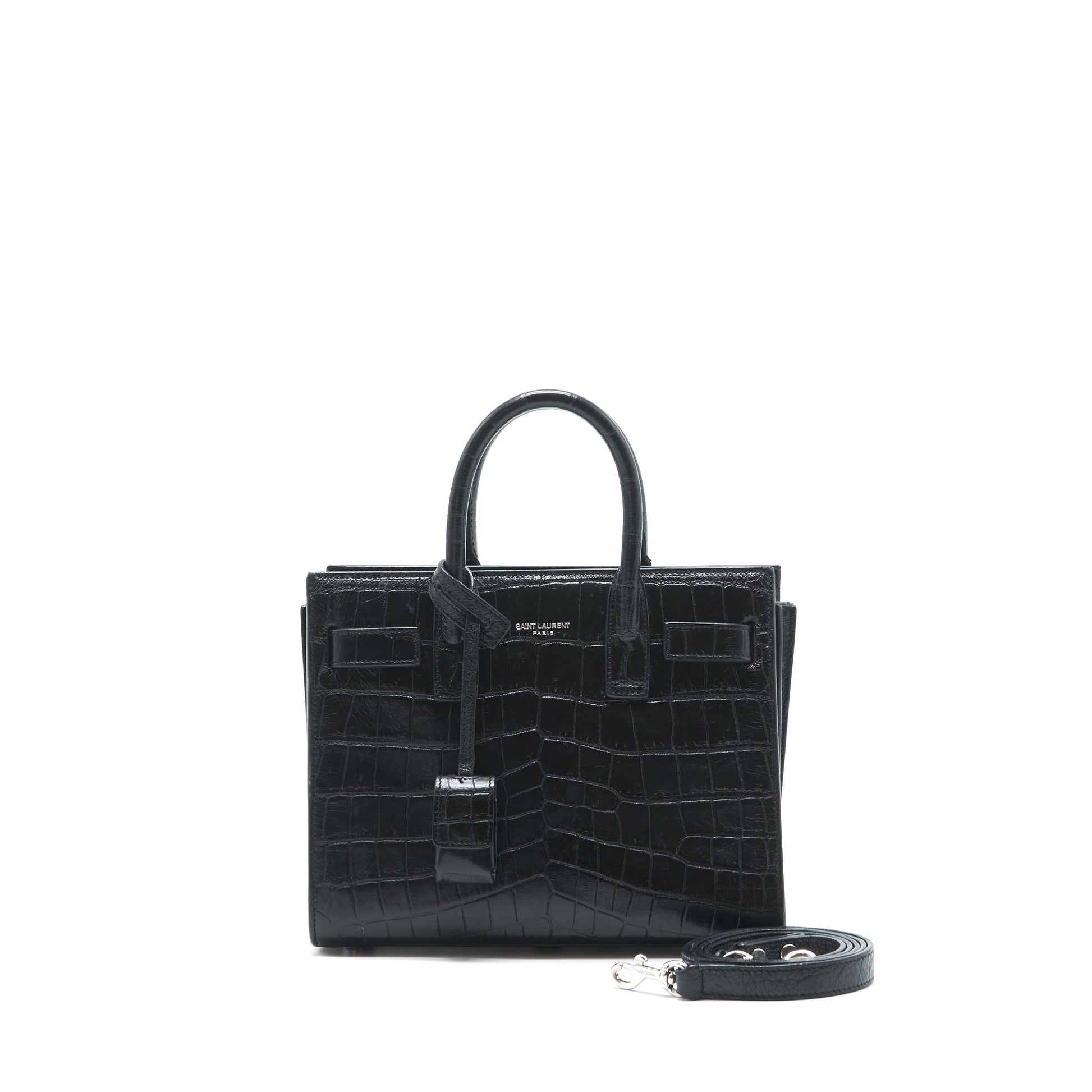 YSL Saint Laurent Sac De Jour Nano Crocodile Handbag Black Embossed Travel Bag