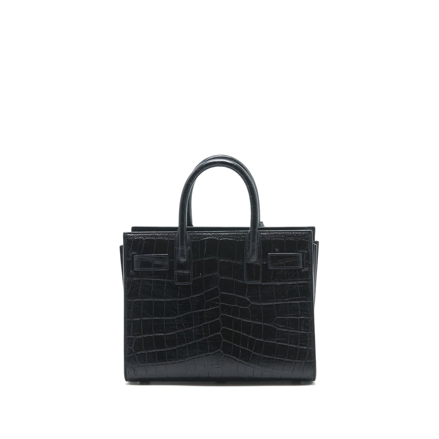 YSL Saint Laurent Sac De Jour Nano Crocodile Handbag Black Embossed Travel Bag