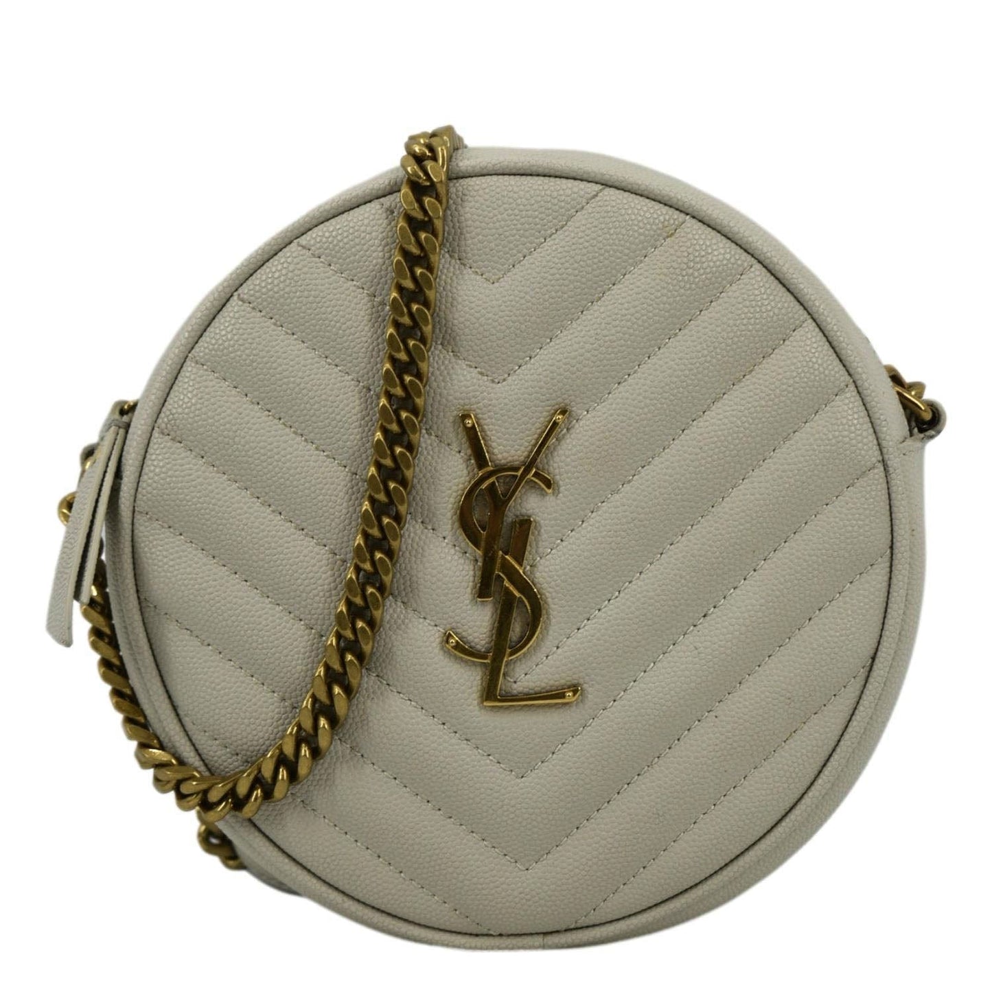 YSL Saint Laurent Yves Vinyle Round Chevron Camera Crossbody Bag Grey Leather Gray