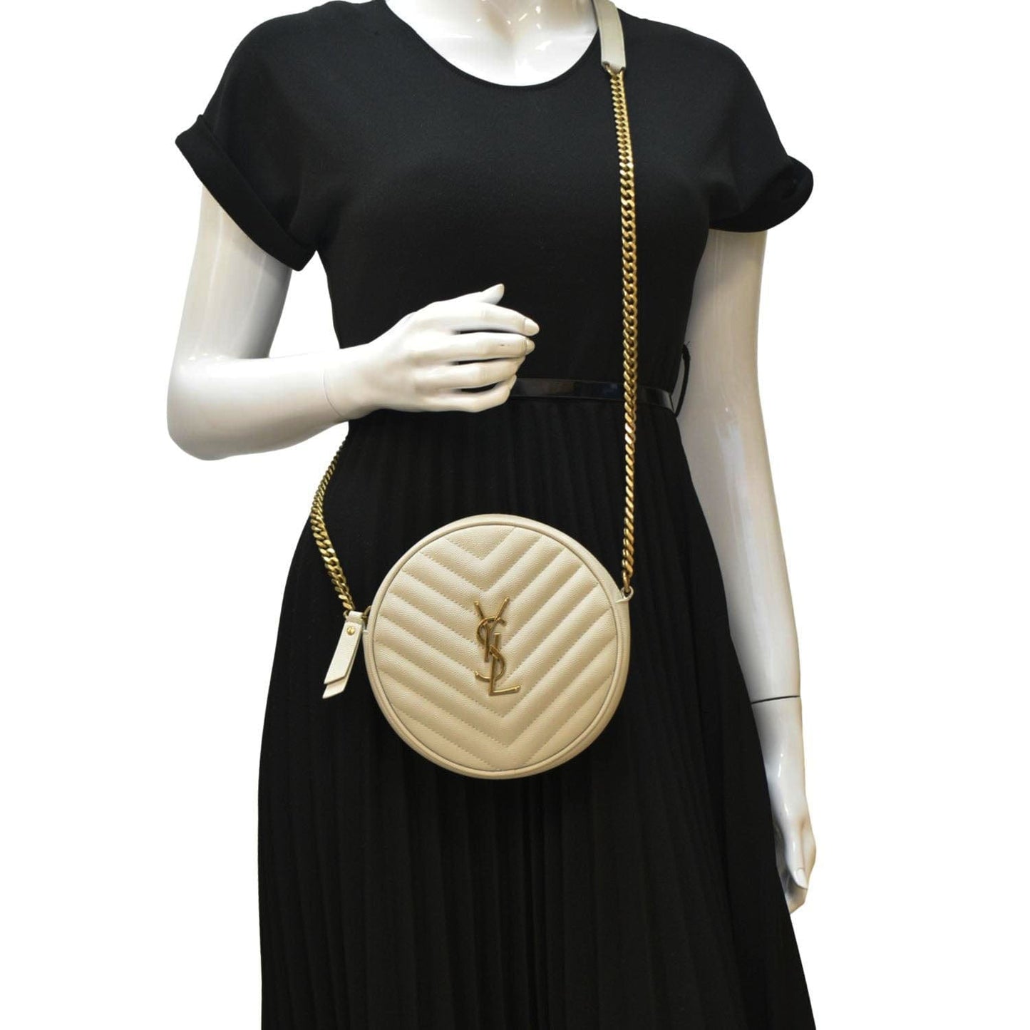 YSL Saint Laurent Yves Vinyle Round Chevron Camera Crossbody Bag Grey Leather Gray