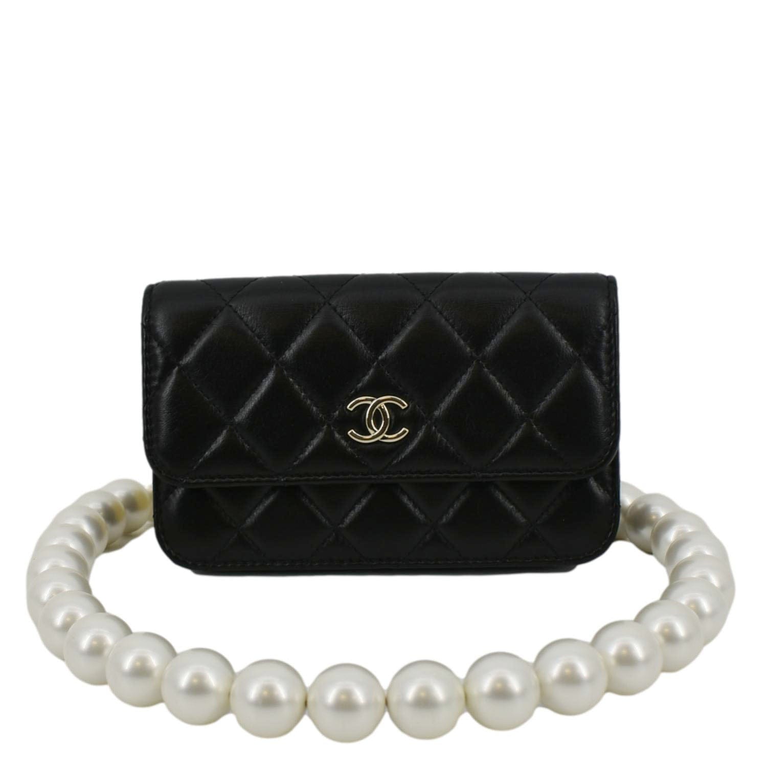 Chanel Pearl Strap CC Mini Quilted Leather Wallet on Chain Shoulder Bag Black