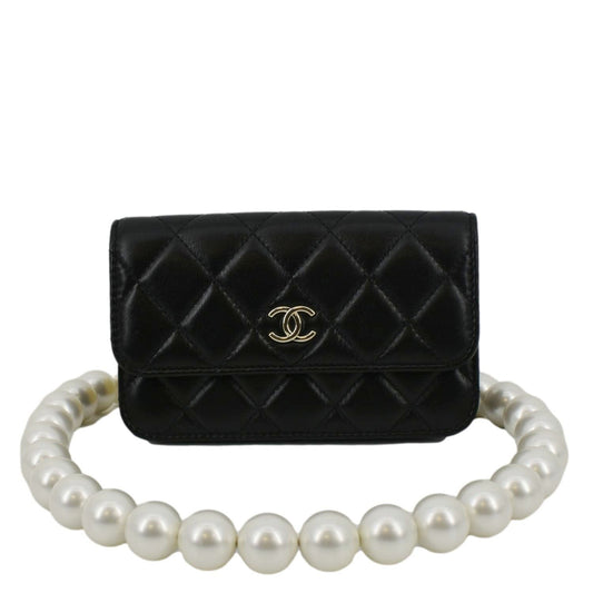 Chanel Pearl Strap Cc Mini Quilted Leather Wallet On Chain Shoulder Bag Black