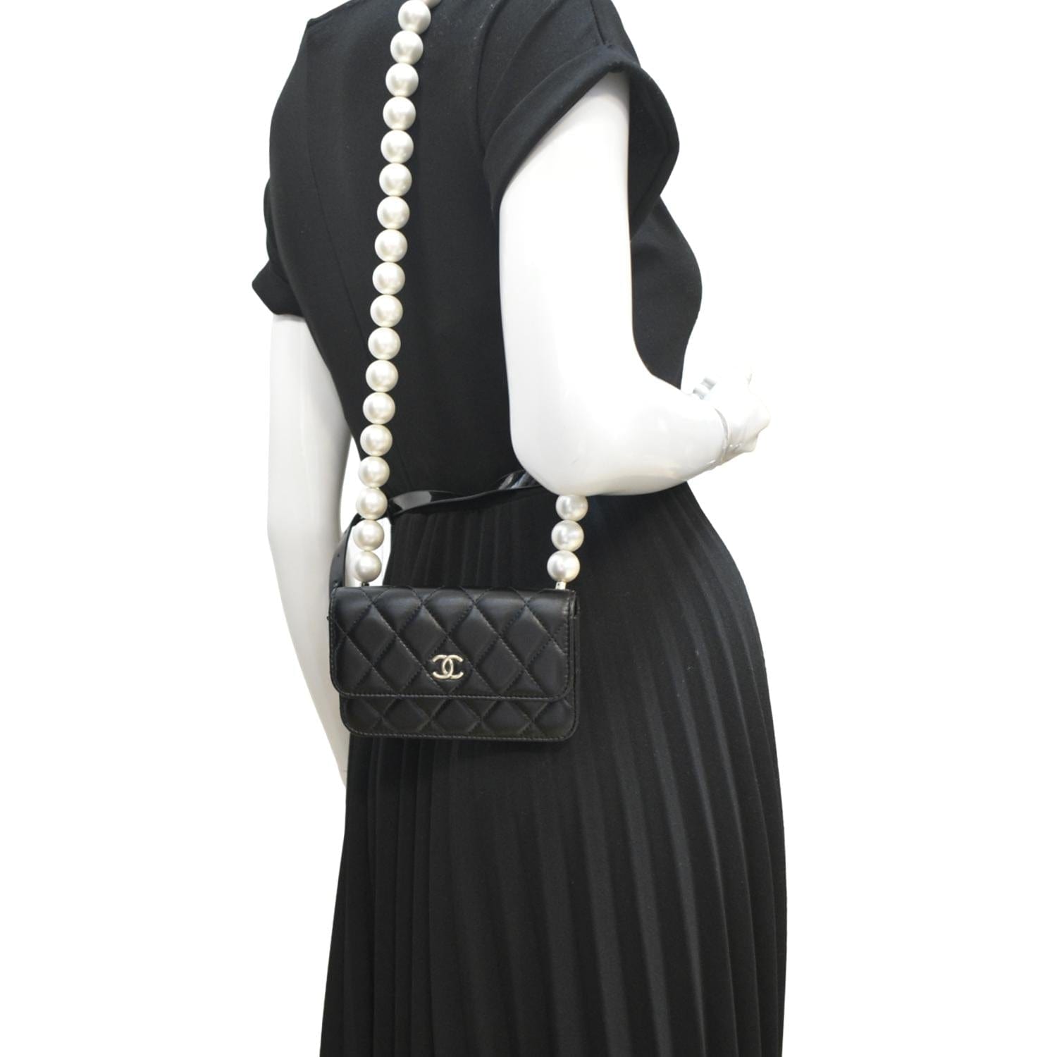 Chanel Pearl Strap Cc Mini Quilted Leather Wallet On Chain Shoulder Bag Black
