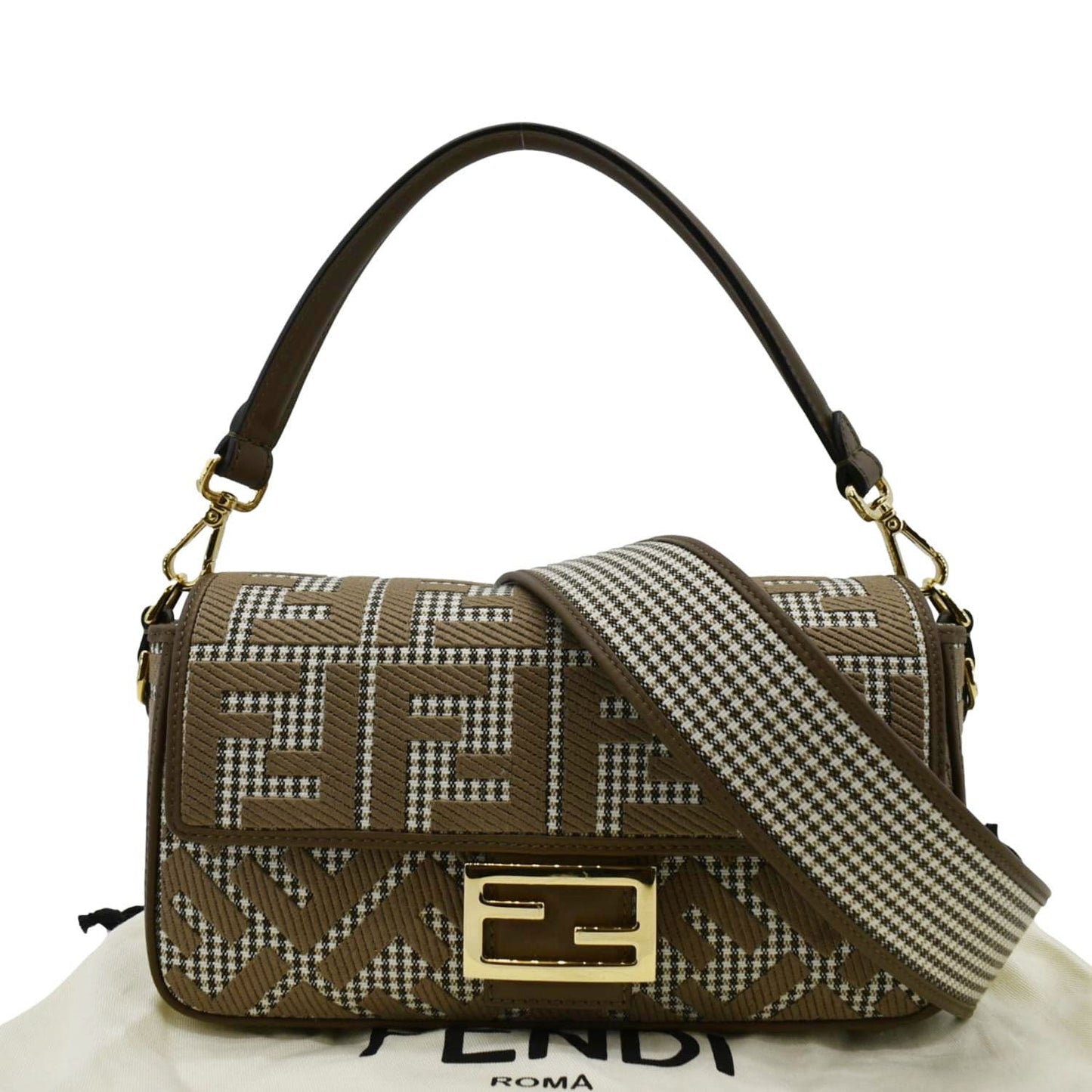 Fendi Houndstooth Baguette Zucca Wool Shoulder Bag Olive Medium