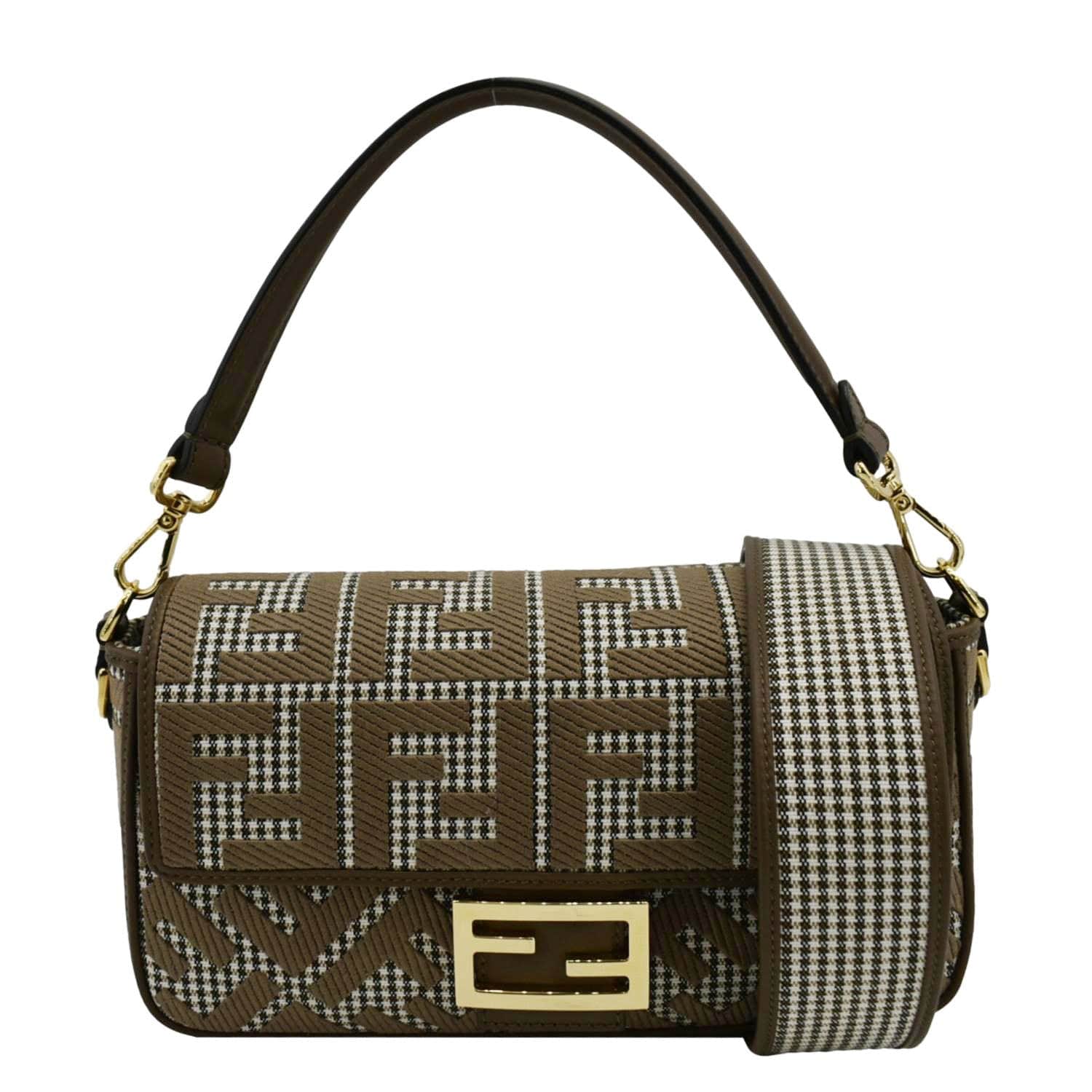Fendi Houndstooth Baguette Zucca Wool Shoulder Bag Olive Medium
