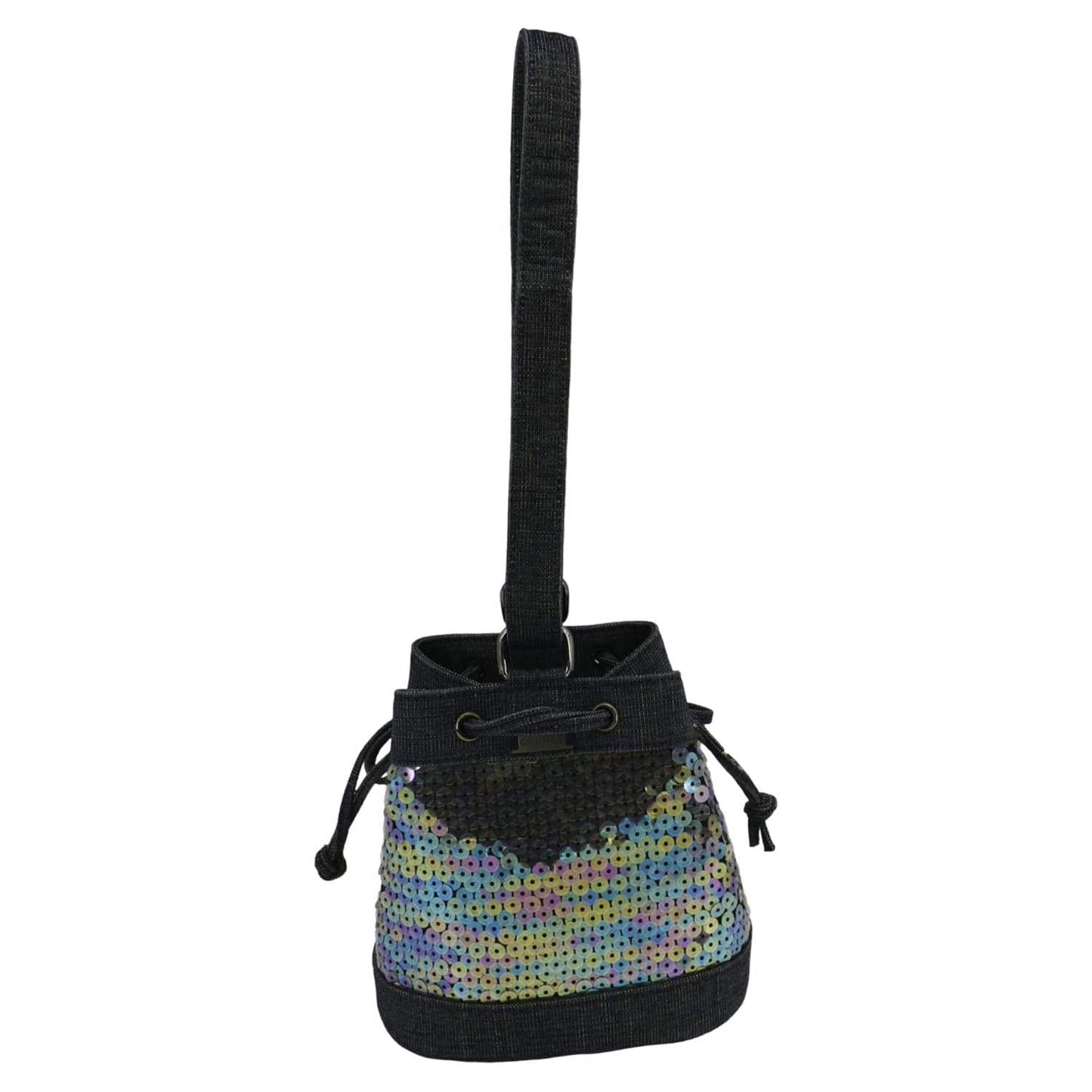 Chanel Sequin Denim Small Drawstring Bucket Bag Blue