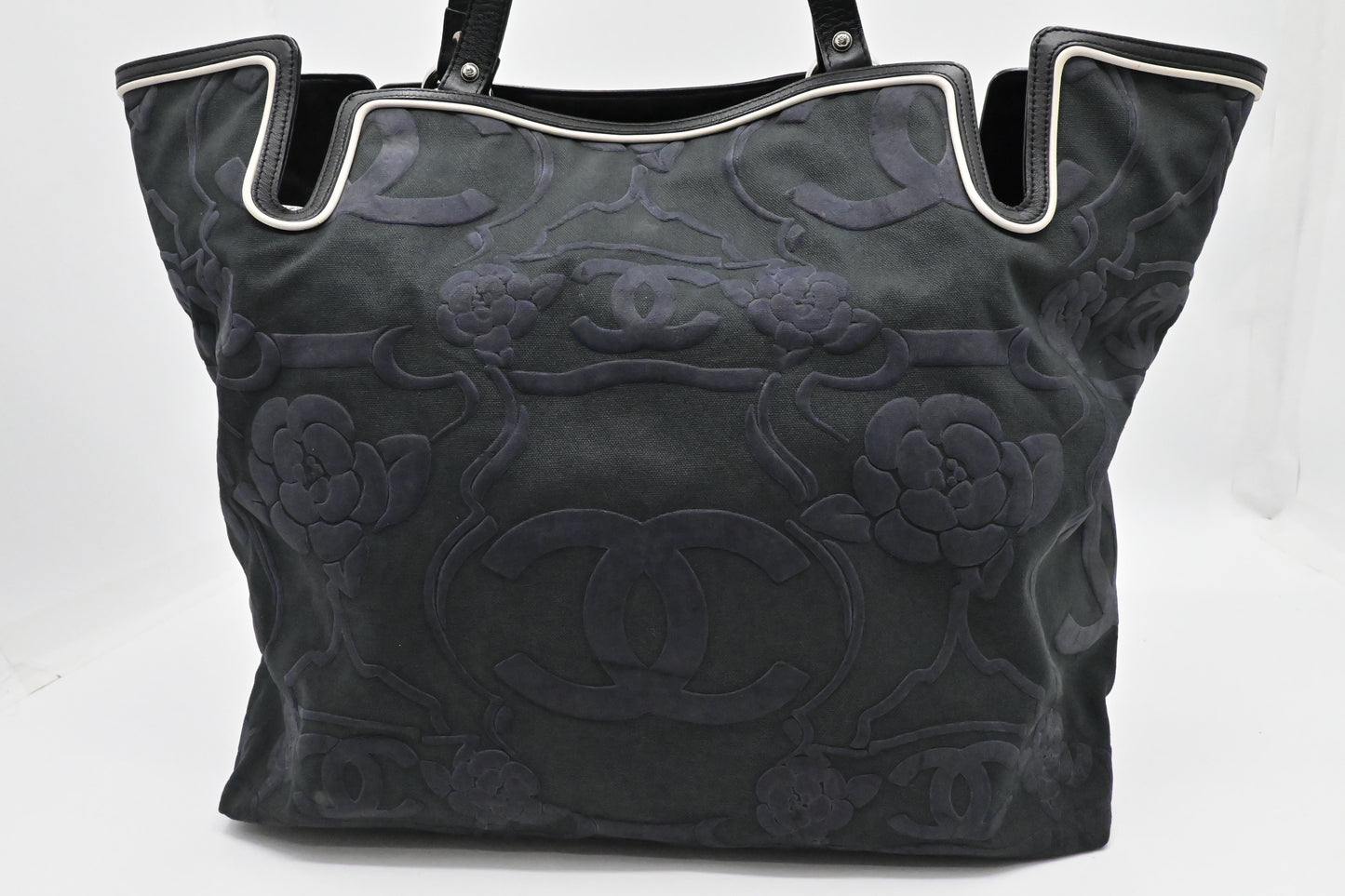 Chanel Camellia Black Blue Green Canvas Tote Bag