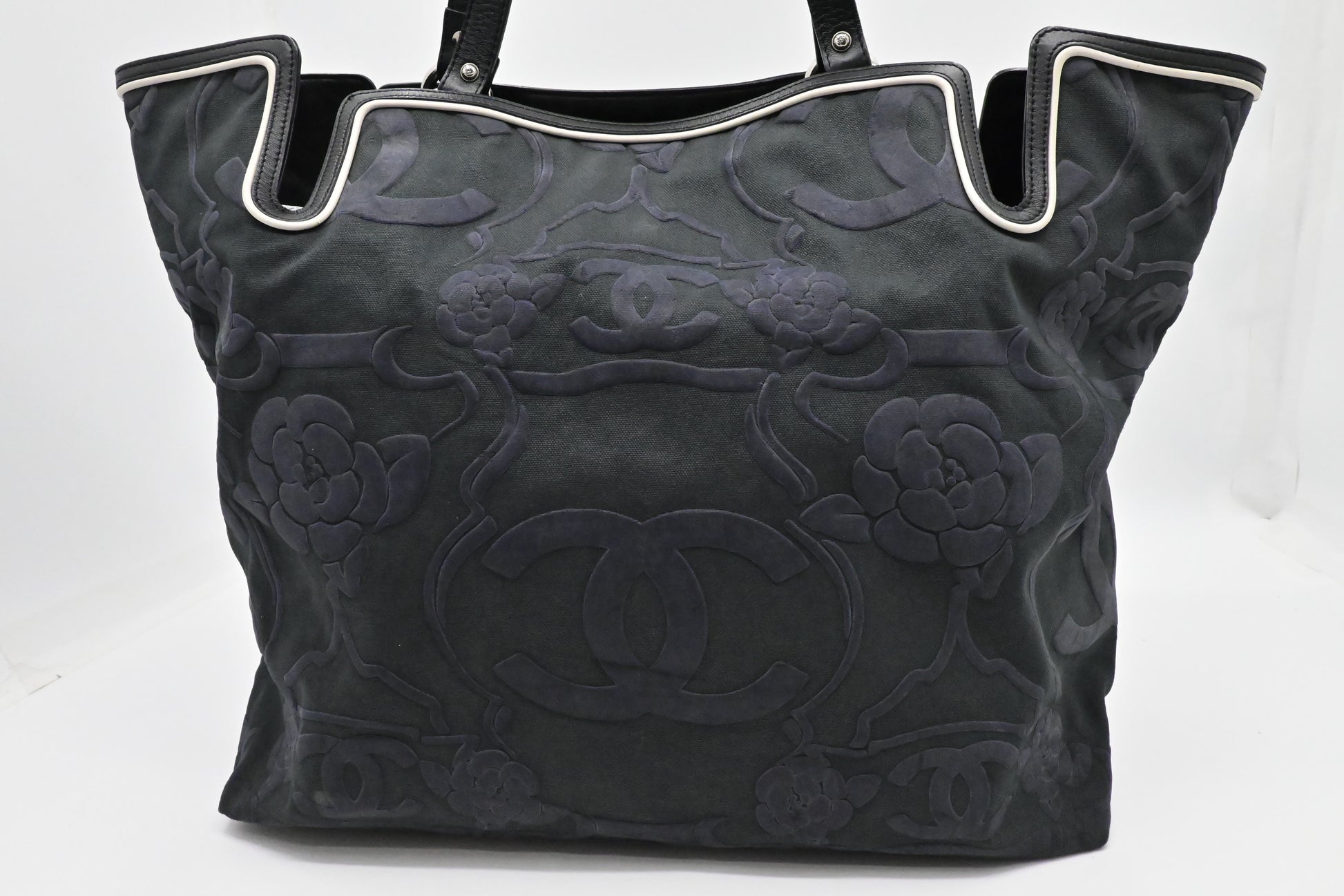 Chanel Camellia Black Blue Green Canvas Tote Bag