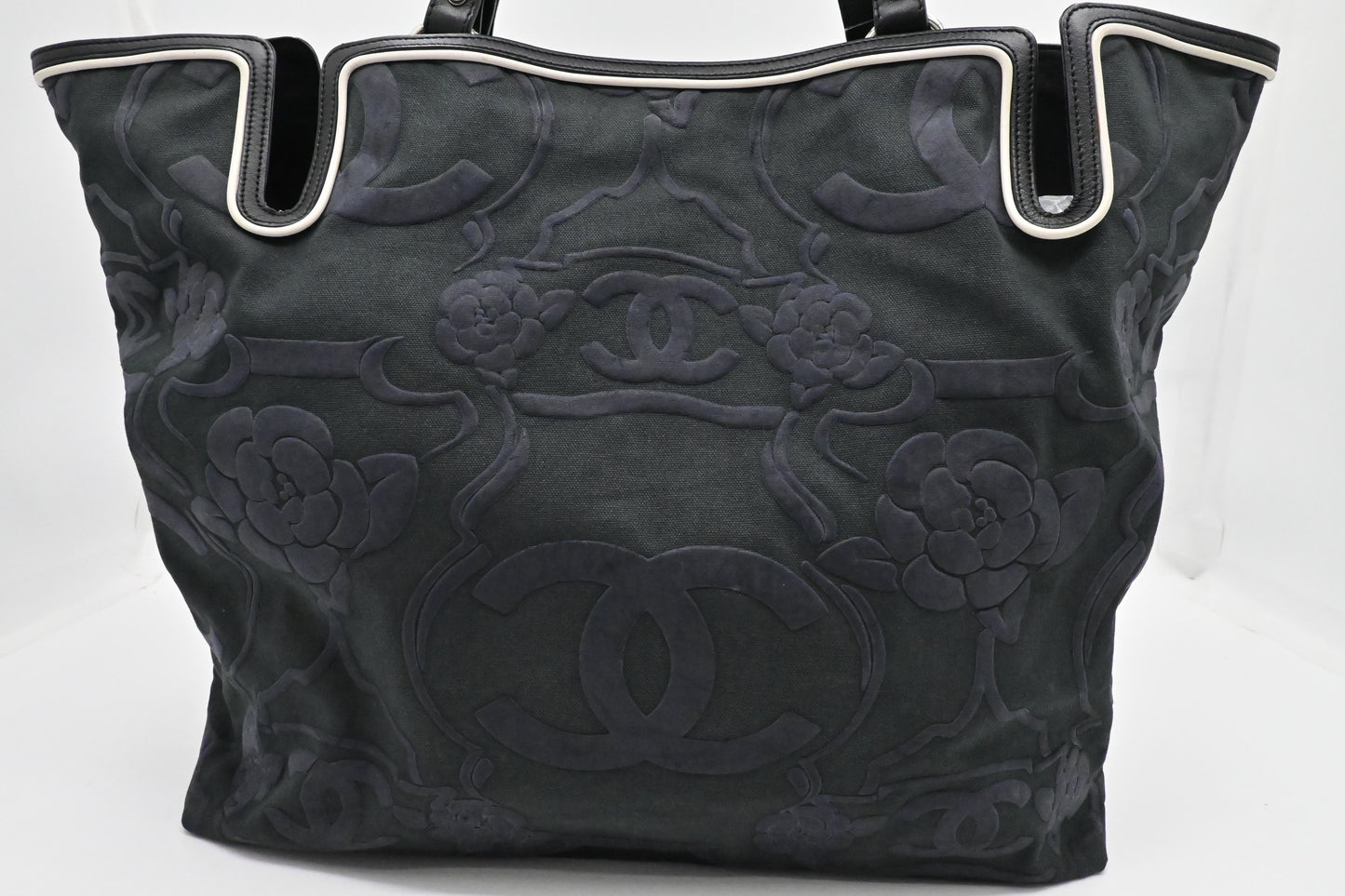 Chanel Camellia Black Blue Green Canvas Tote Bag