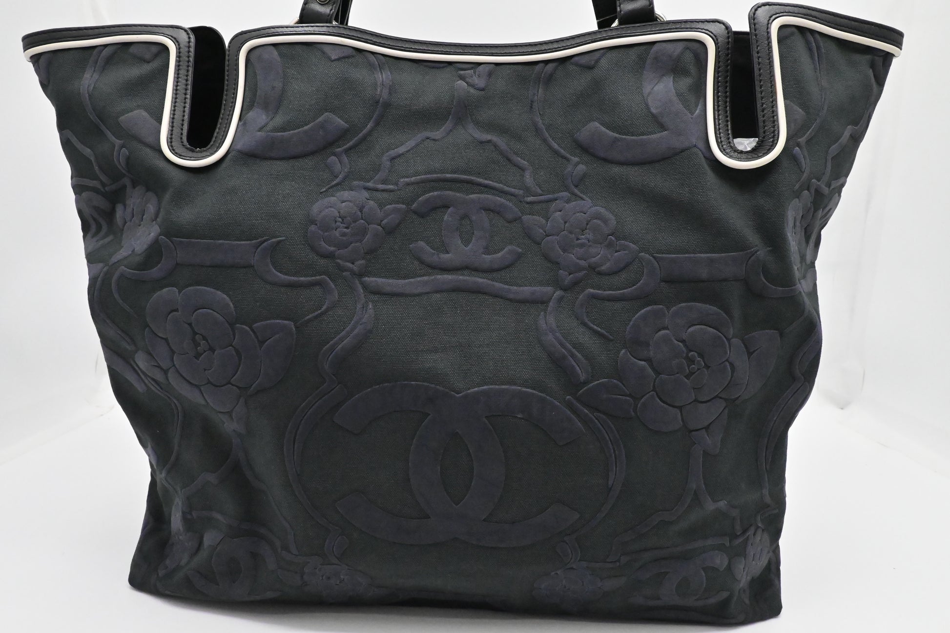 Chanel Camellia Black Blue Green Canvas Tote Bag