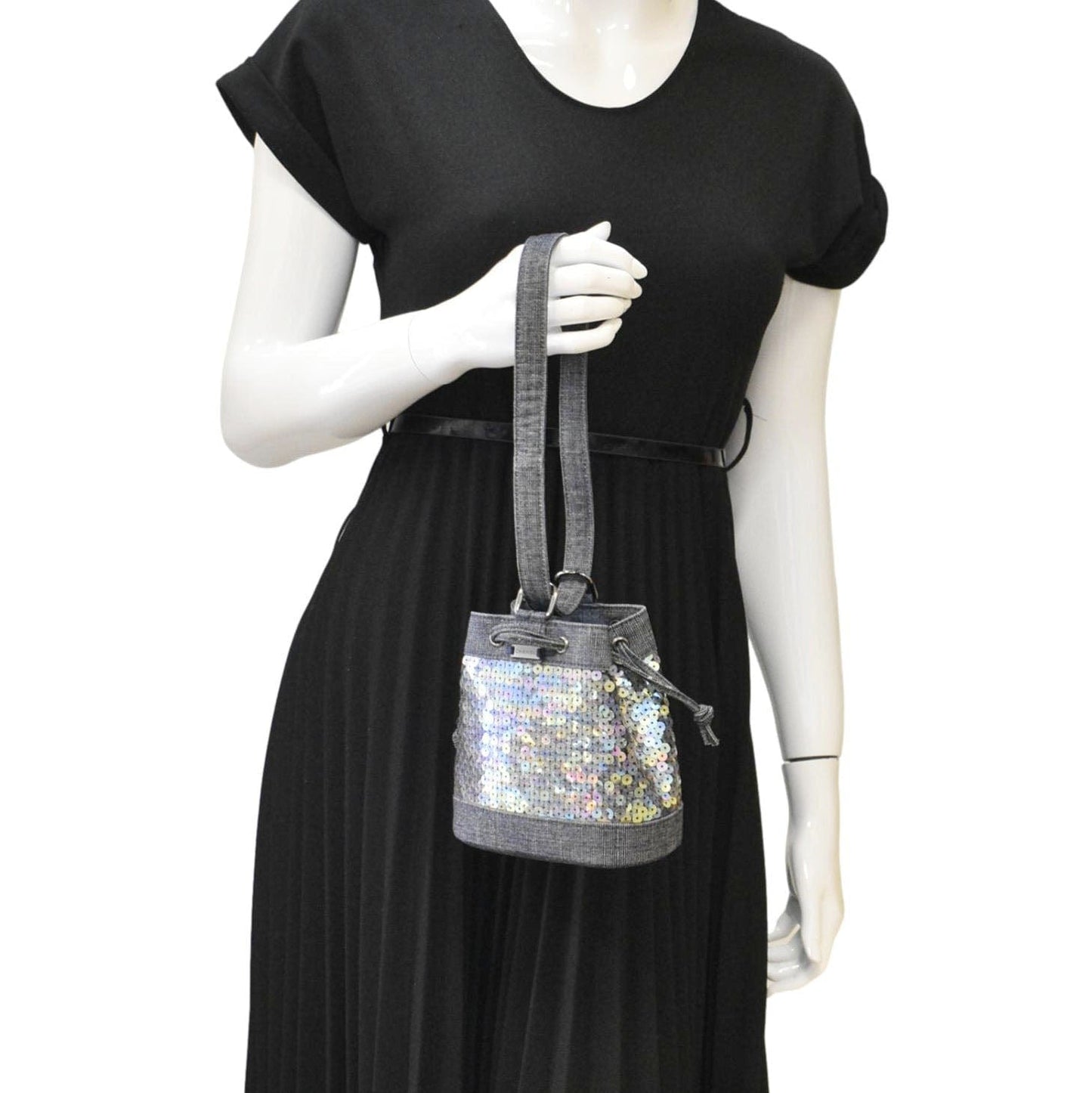 Chanel Sequin Denim Small Drawstring Bucket Bag Blue