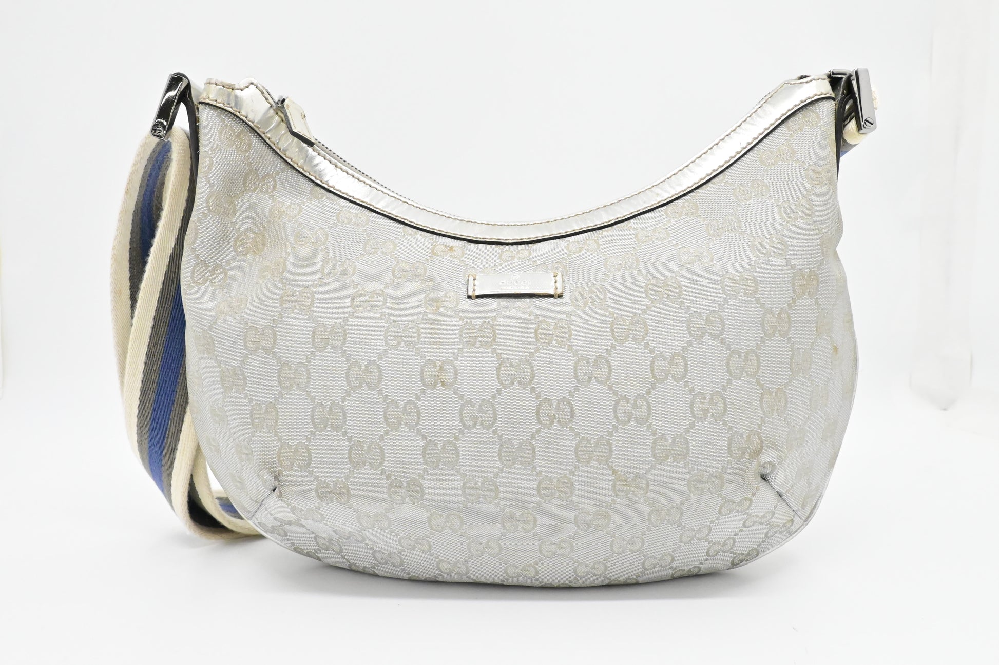 Gucci Crossbody Hobo Bag In Canvas Silver Crossbody Bag