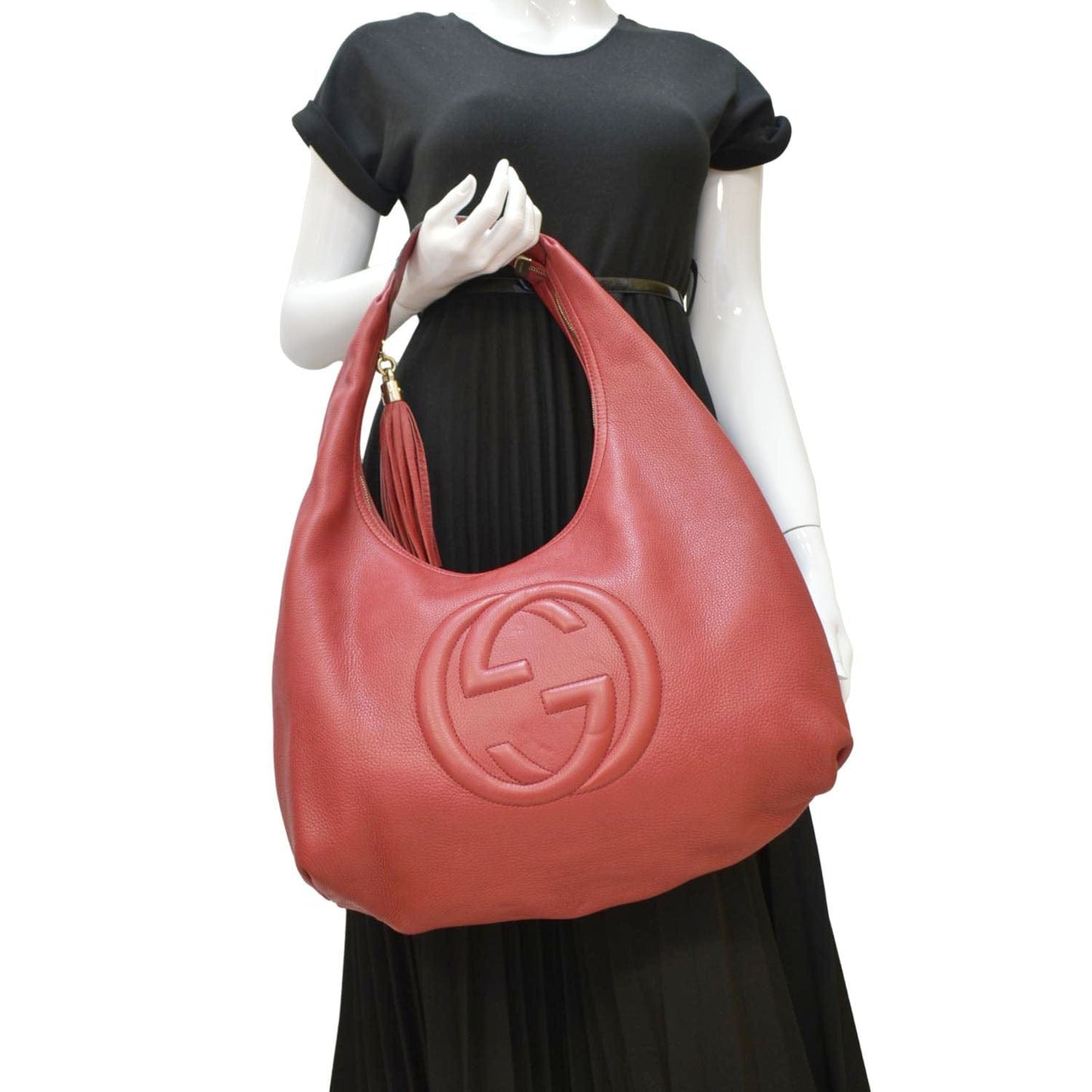 Gucci Soho Pebbled Hobo Shoulder Bag Leather Red