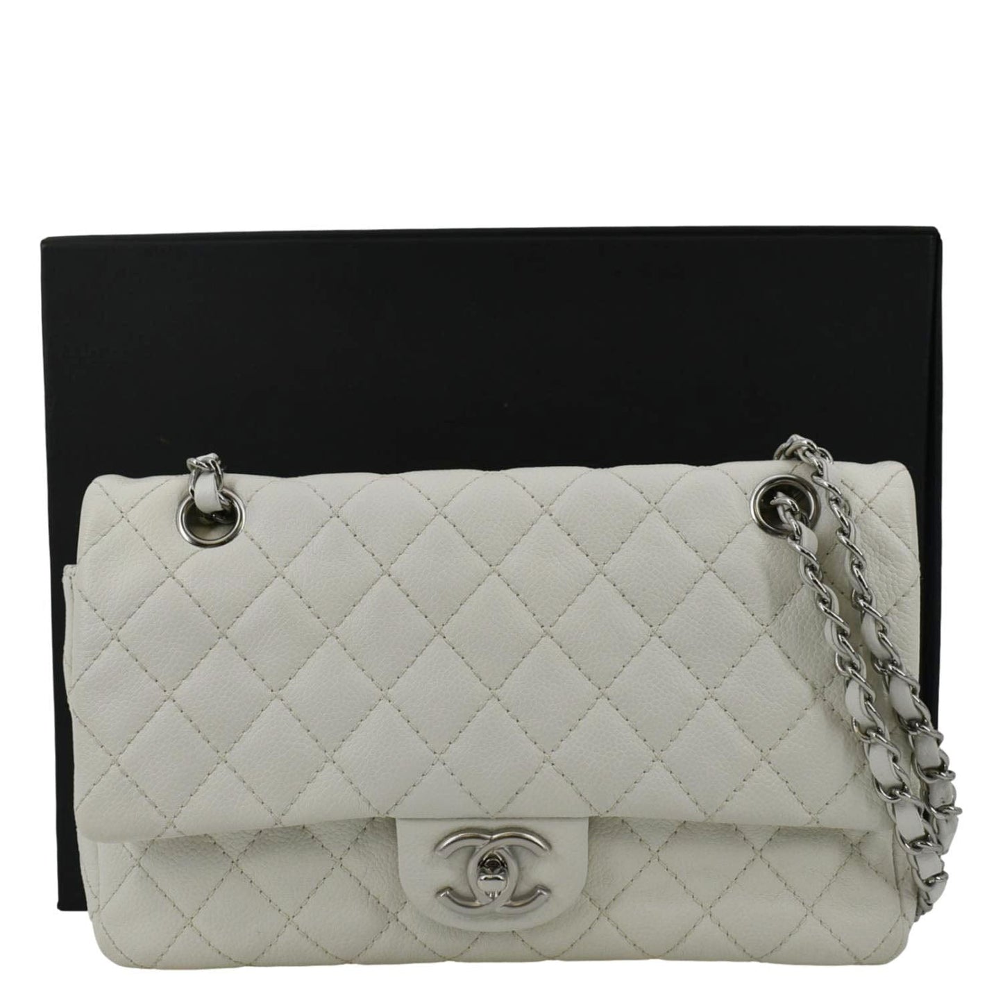 Chanel Classic Double Flap Quilted Caviar Leather White Travel Bag