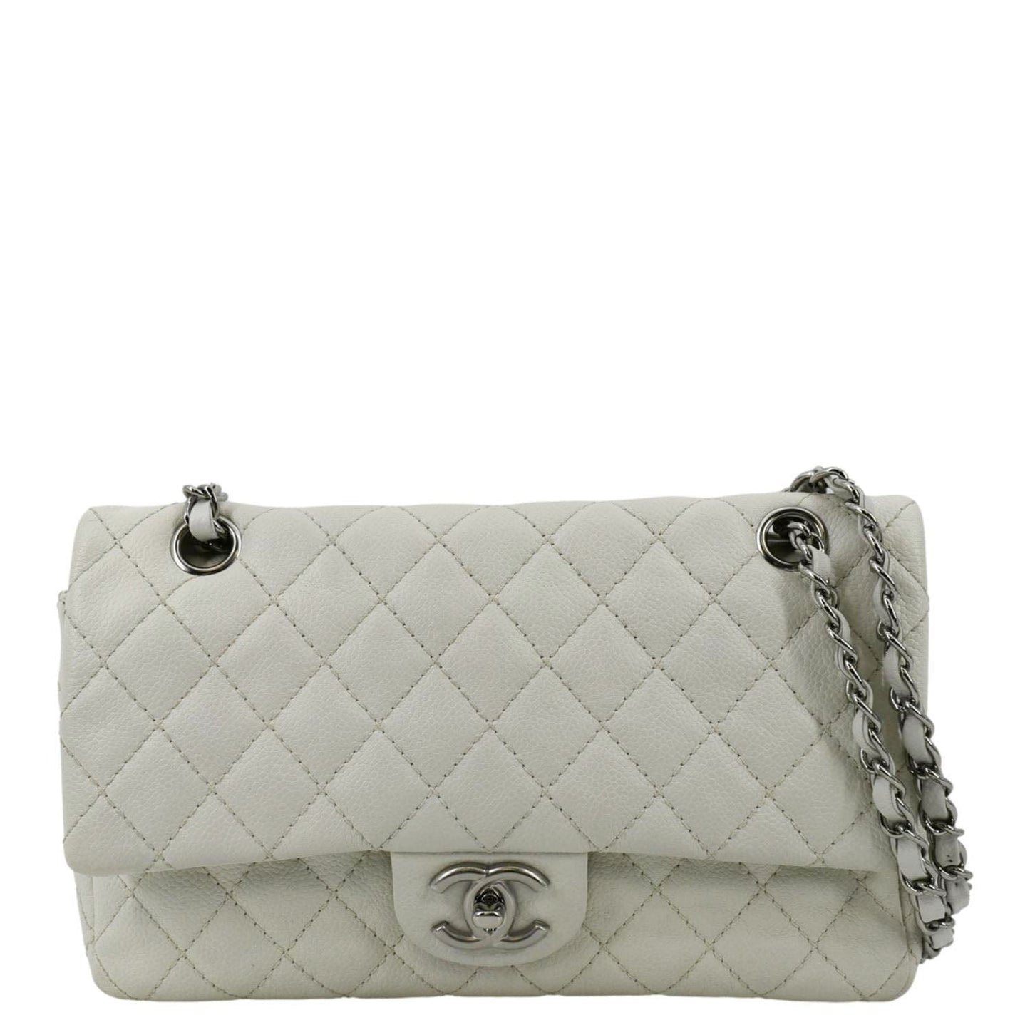 Chanel Classic Double Flap Quilted Caviar Leather White Travel Bag
