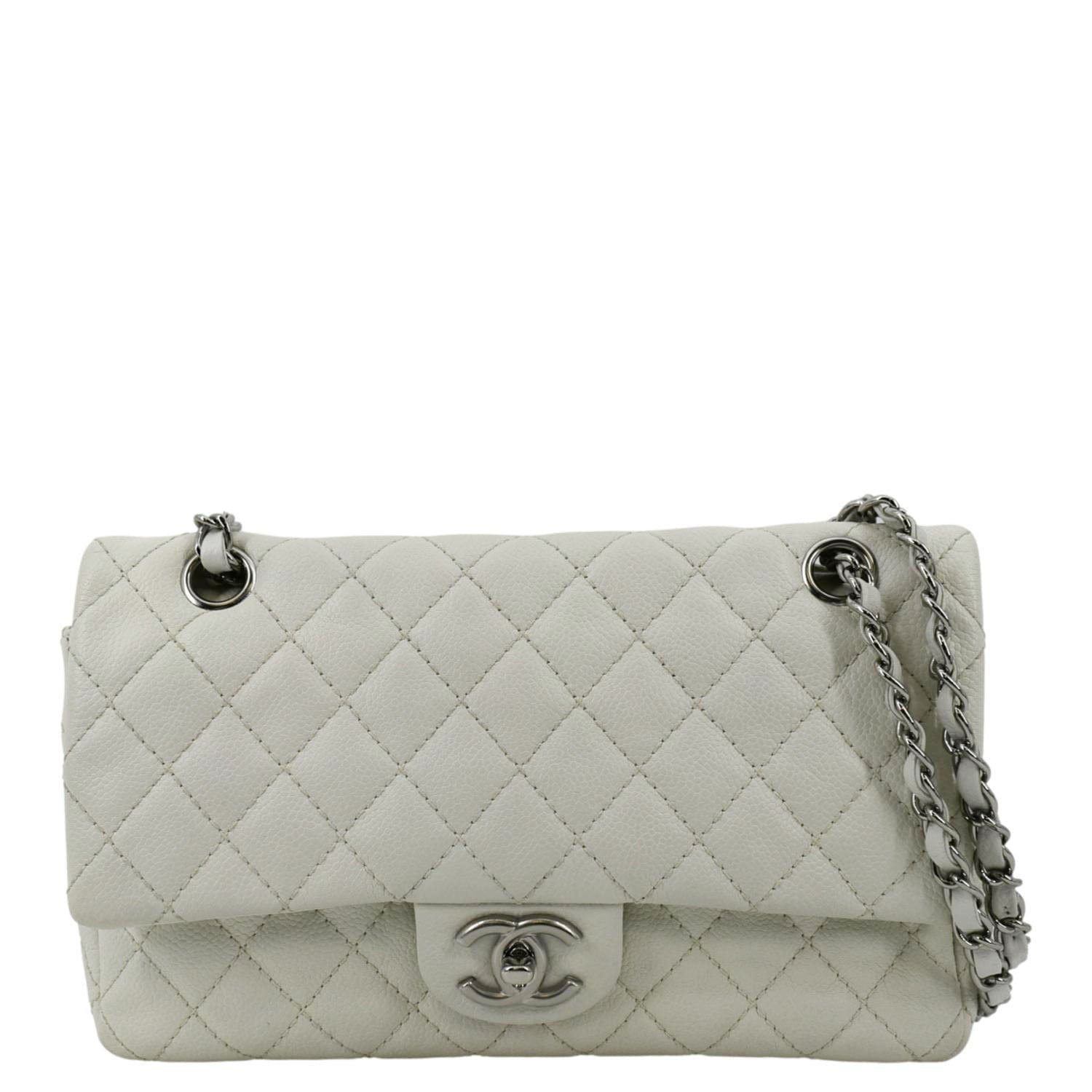 Chanel Classic Double Flap Quilted Caviar Leather White Travel Bag