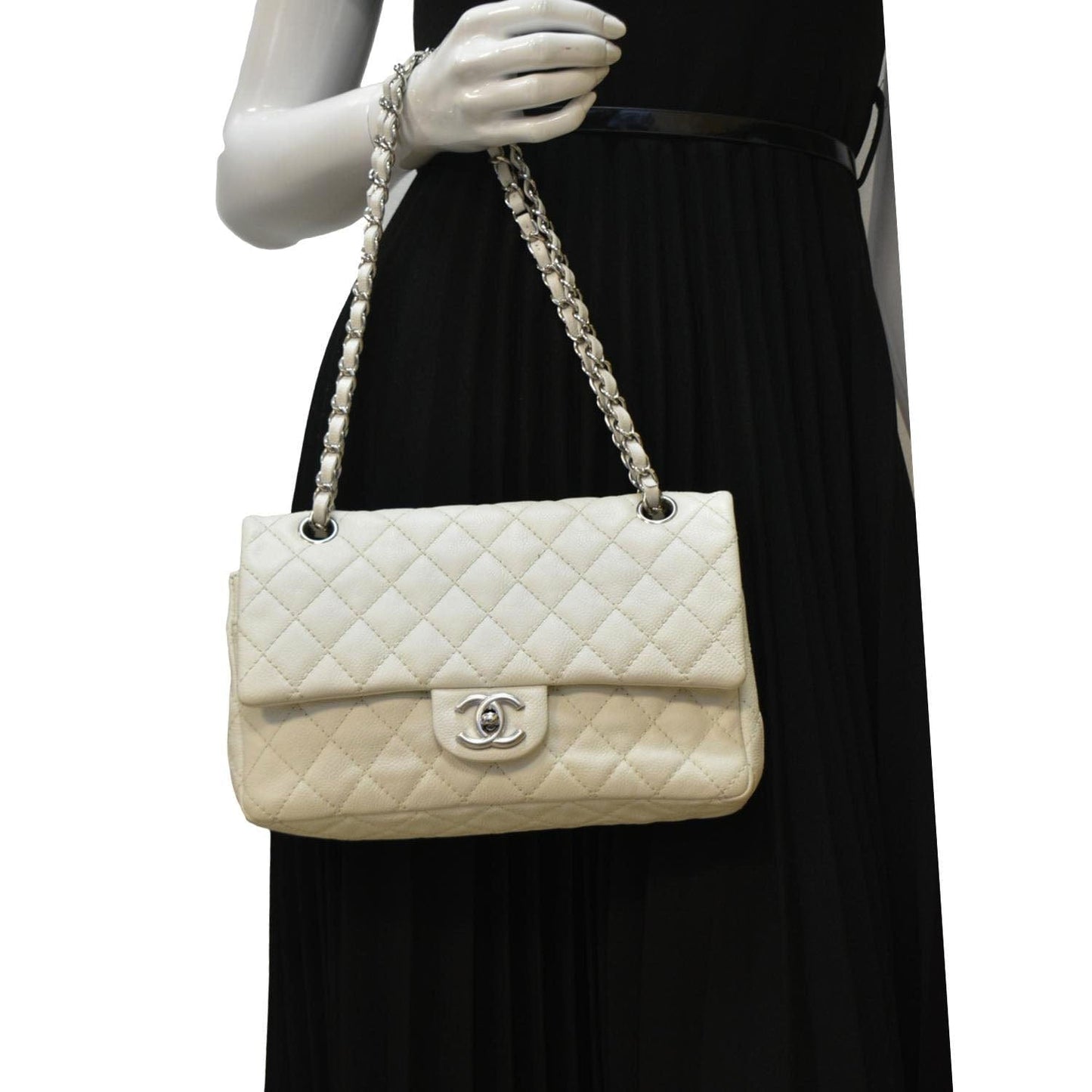 Chanel Classic Double Flap Quilted Caviar Leather White Travel Bag