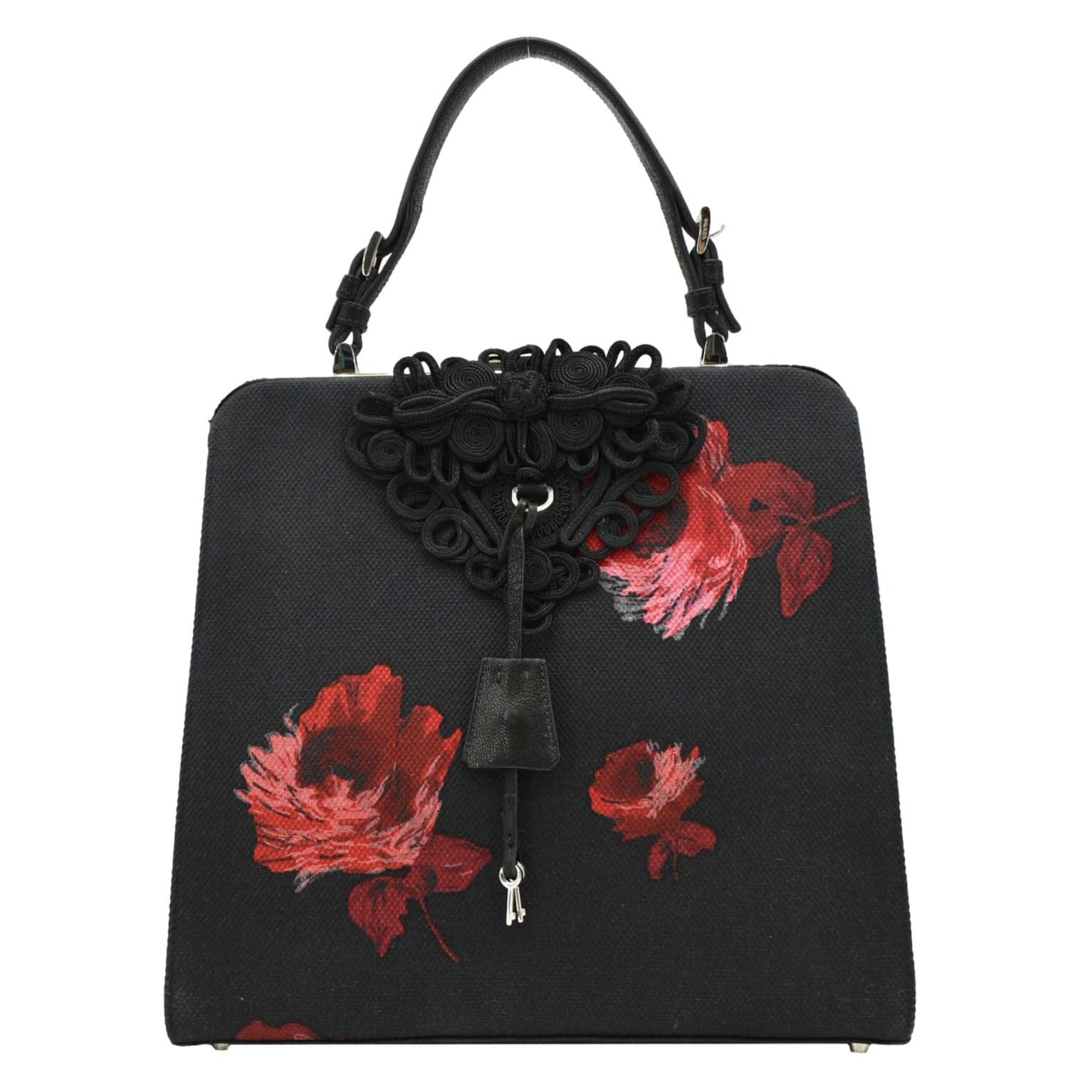 Canapa Floral Frame Top Handle Tote Bag Canvas Black