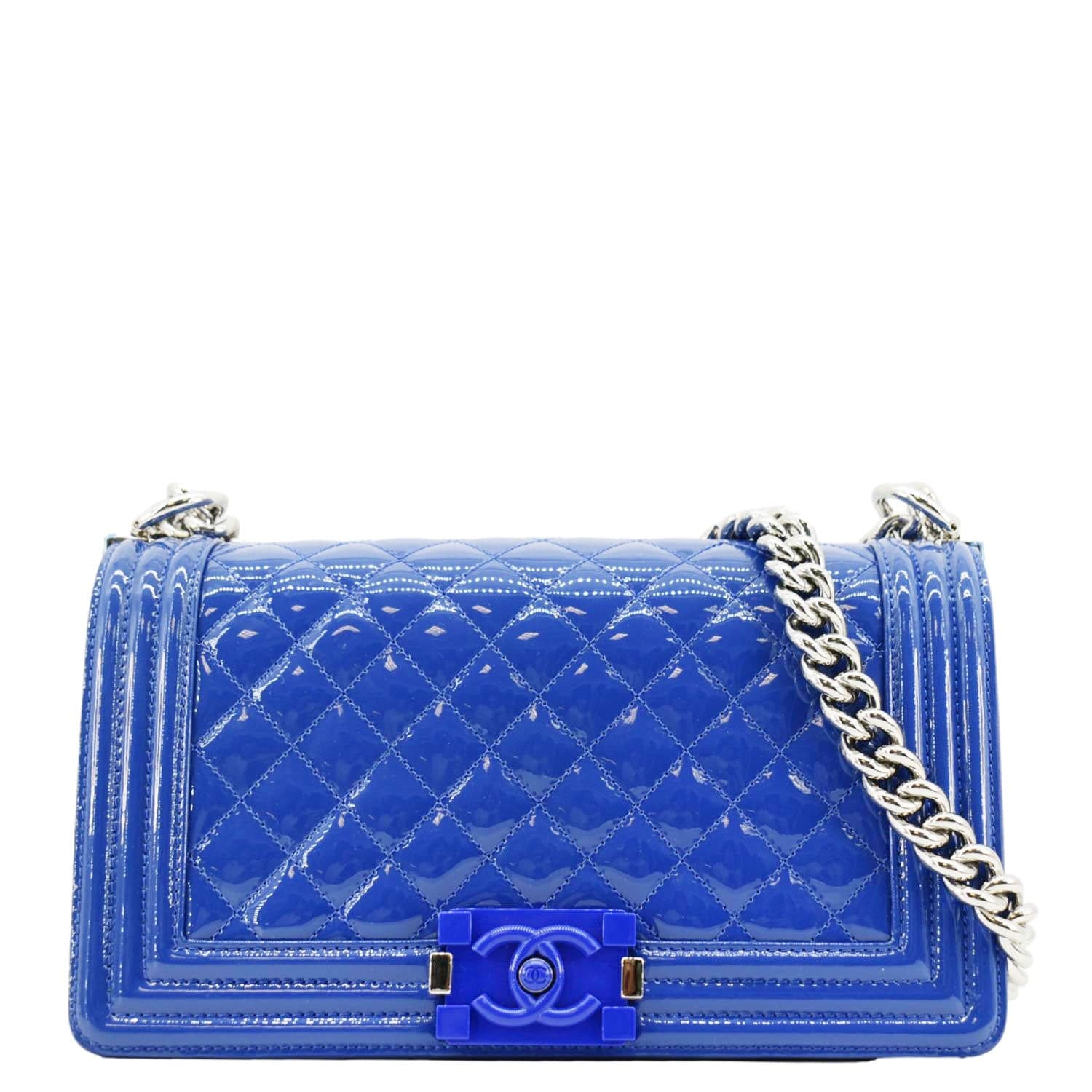 Chanel Boy Flap Old Plexiglass Patent Leather Blue Travel Bag