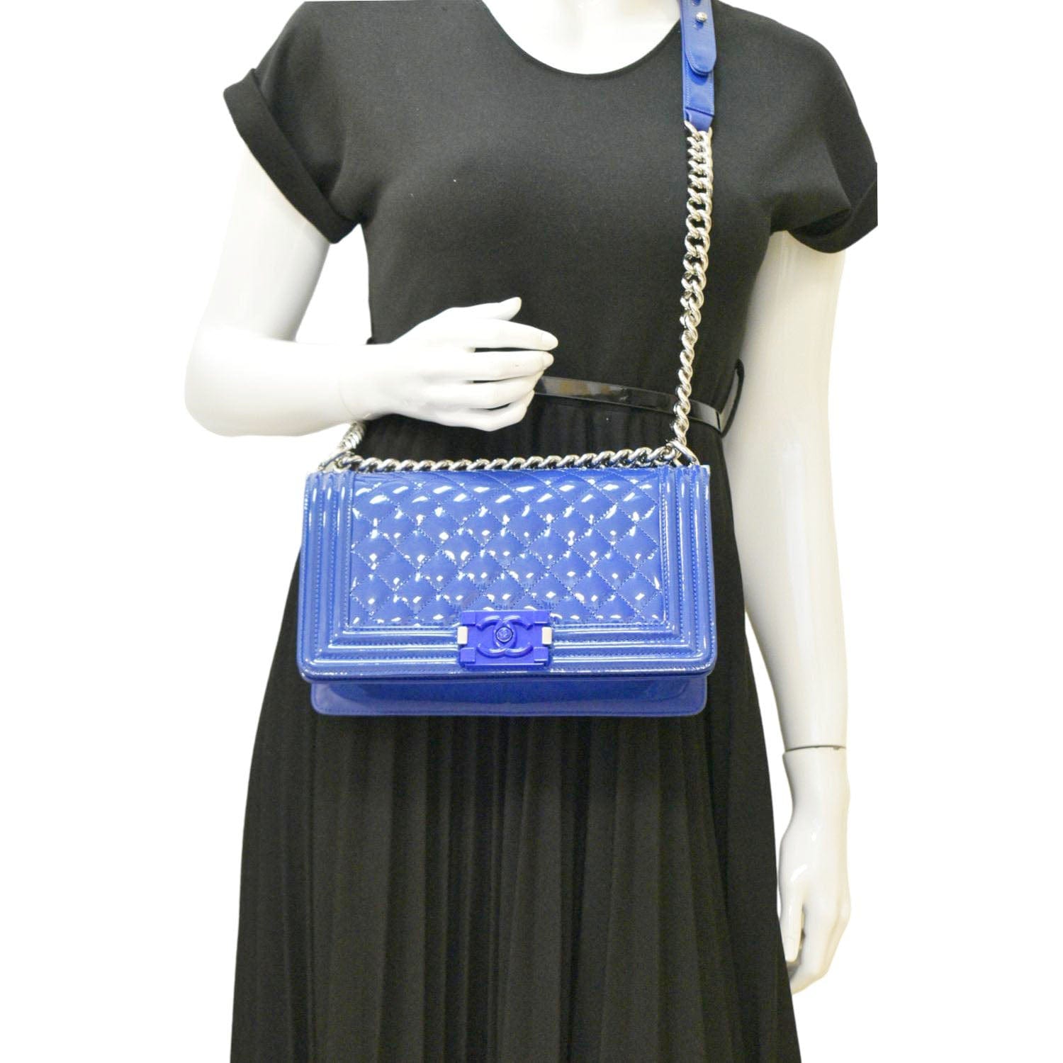 Chanel Boy Flap Old Plexiglass Patent Leather Blue Travel Bag